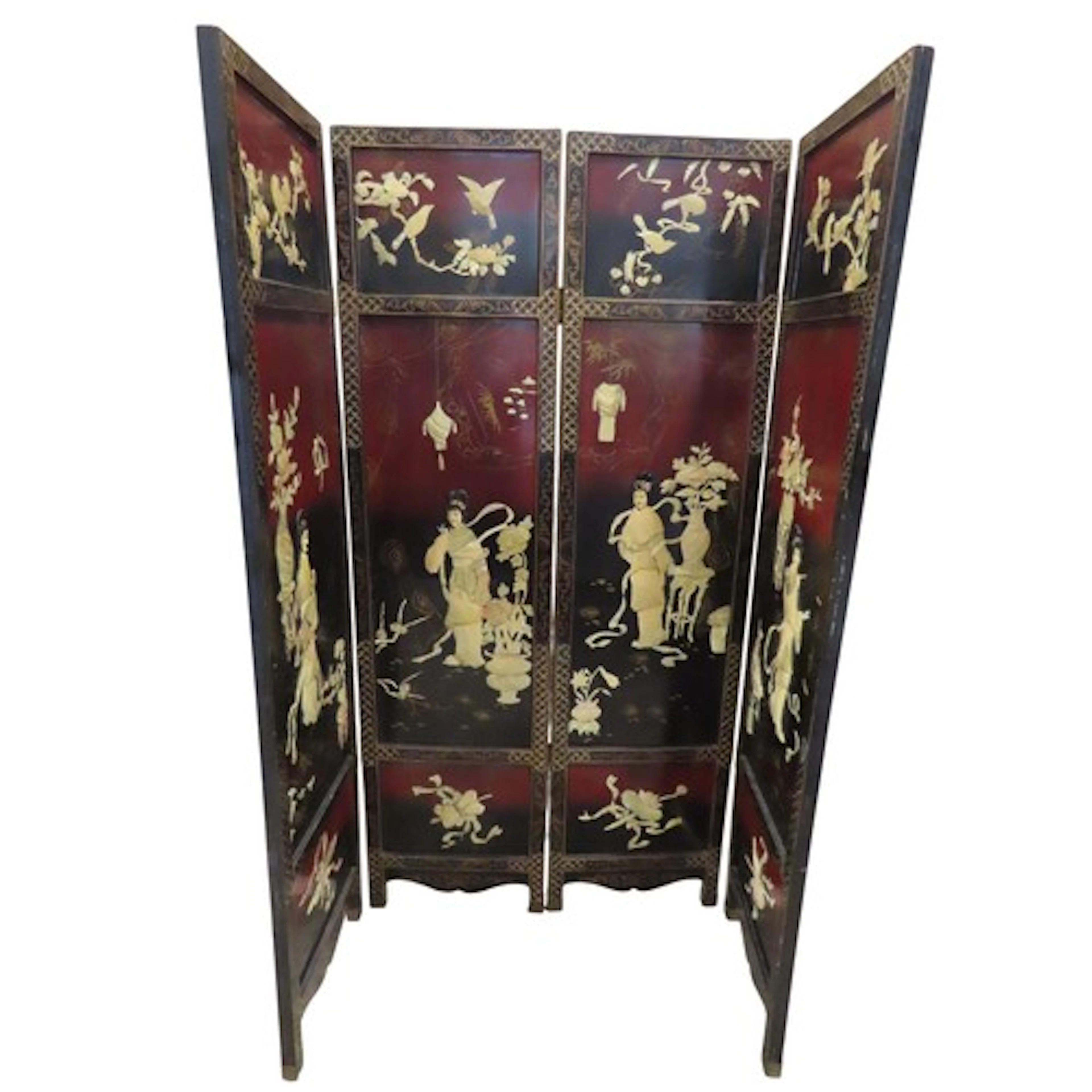 A Chinese black lacquered four floor standing fold screen wi...