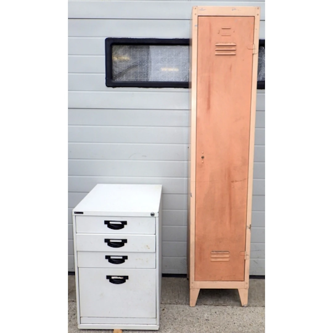 A metal locker together with a set of office drawers (2)