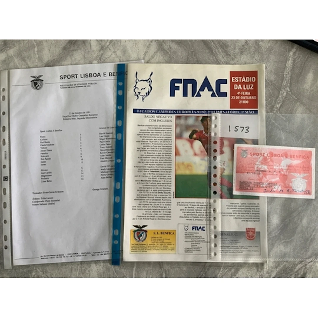 91/92 Benfica v Arsenal European Cup Football Ticket: Good c...