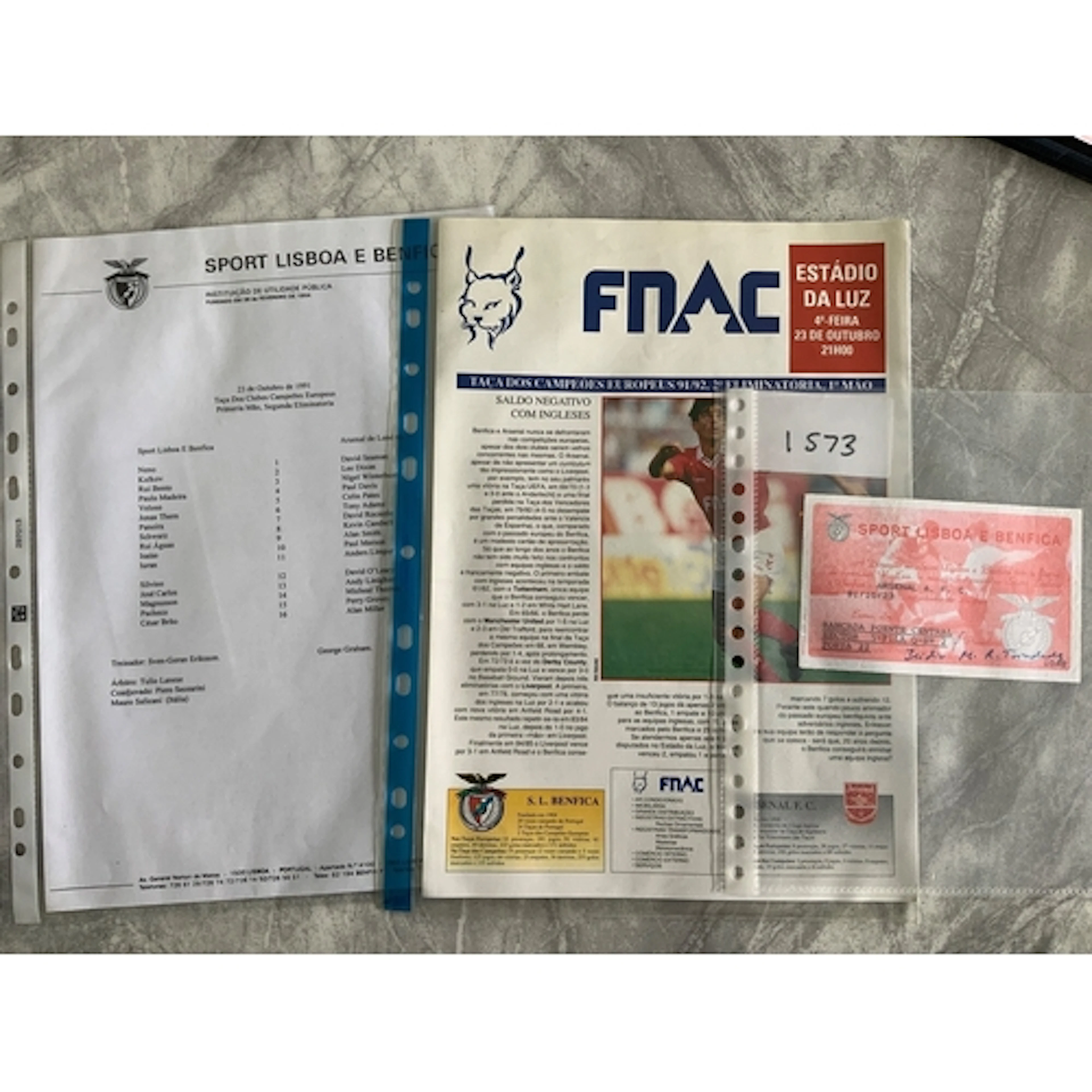 91/92 Benfica v Arsenal European Cup Football Ticket: Good c...