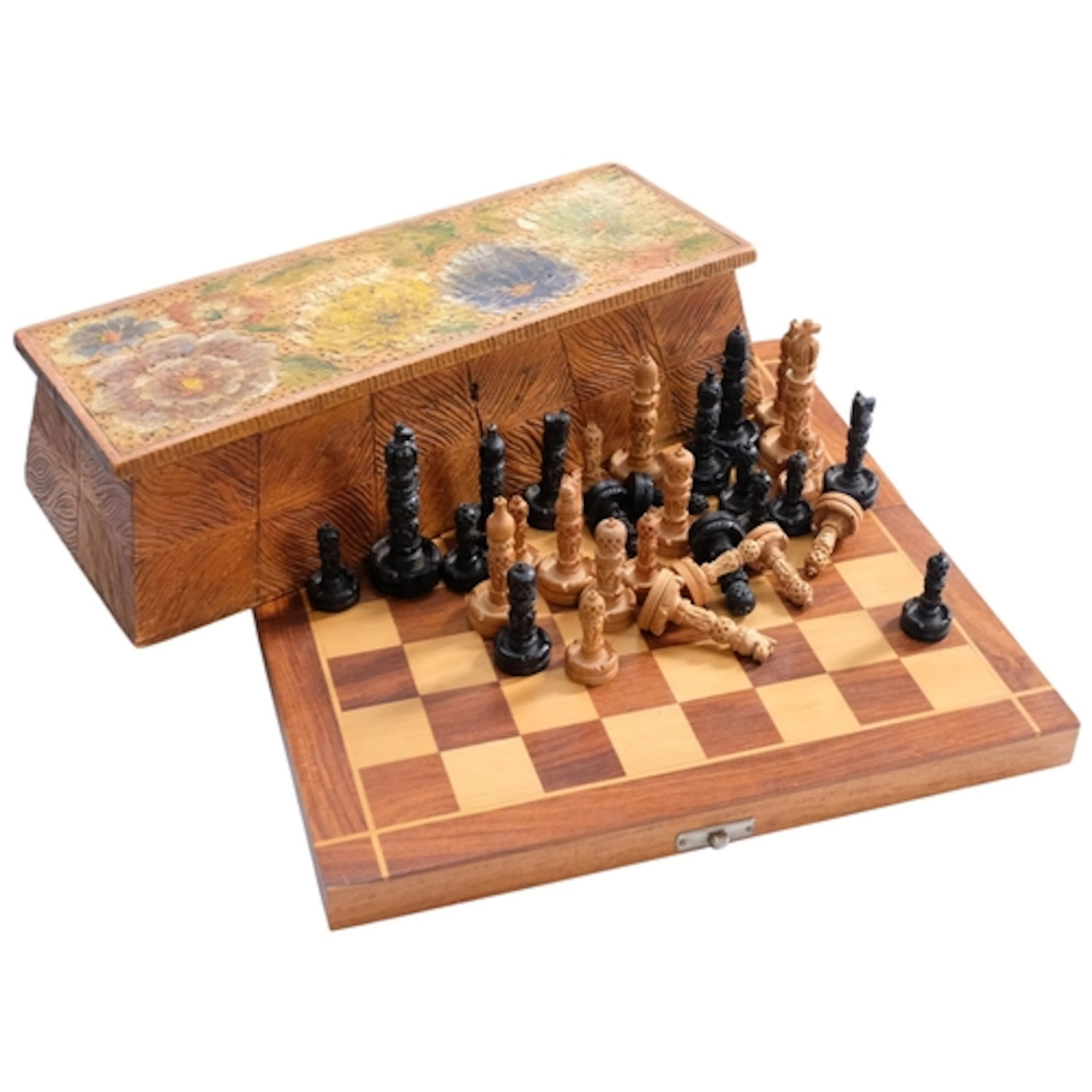 A carved boxwood chess set (complete), in chess board box an...