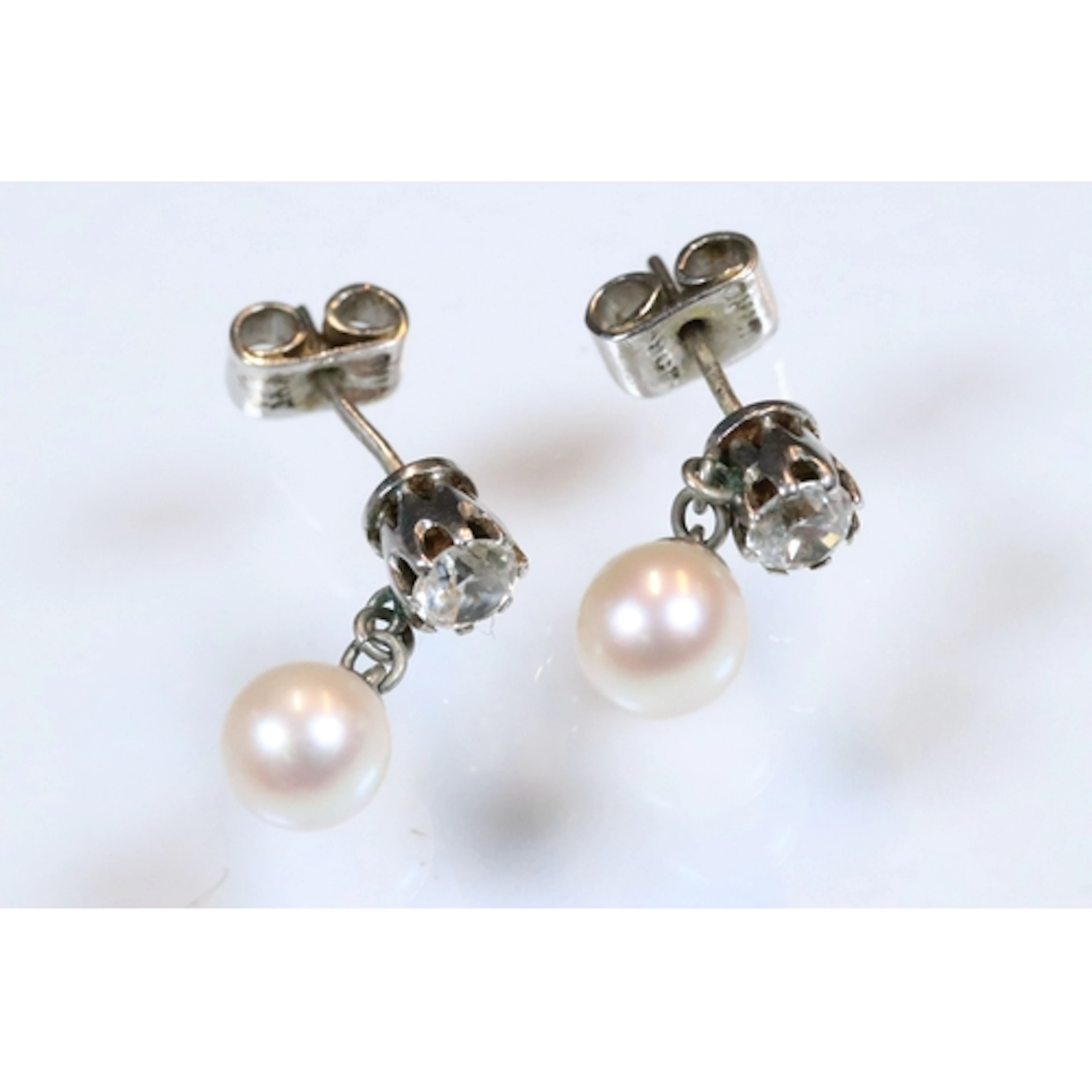 Pair of synthetic moissanite and cultured pearl drop earring...