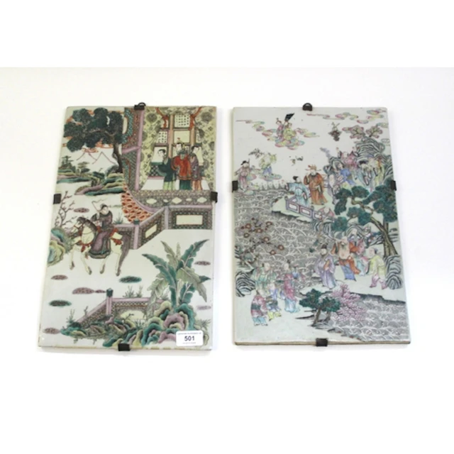 Pair of 19th Century Chinese Canton rectangular plaques, pai...