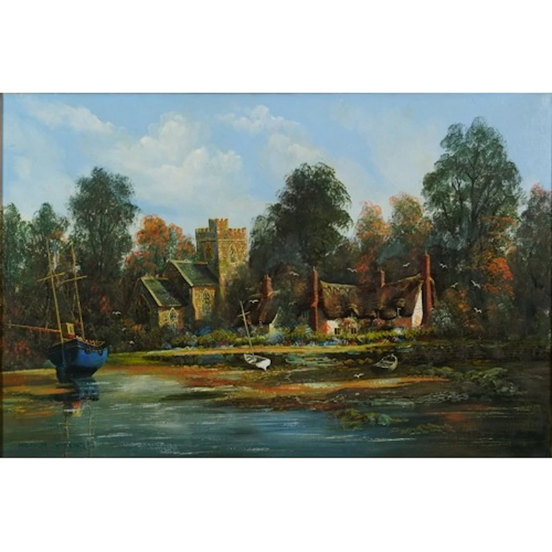 Malcolm Gearing - Church by a river, 20th century oil on can...
