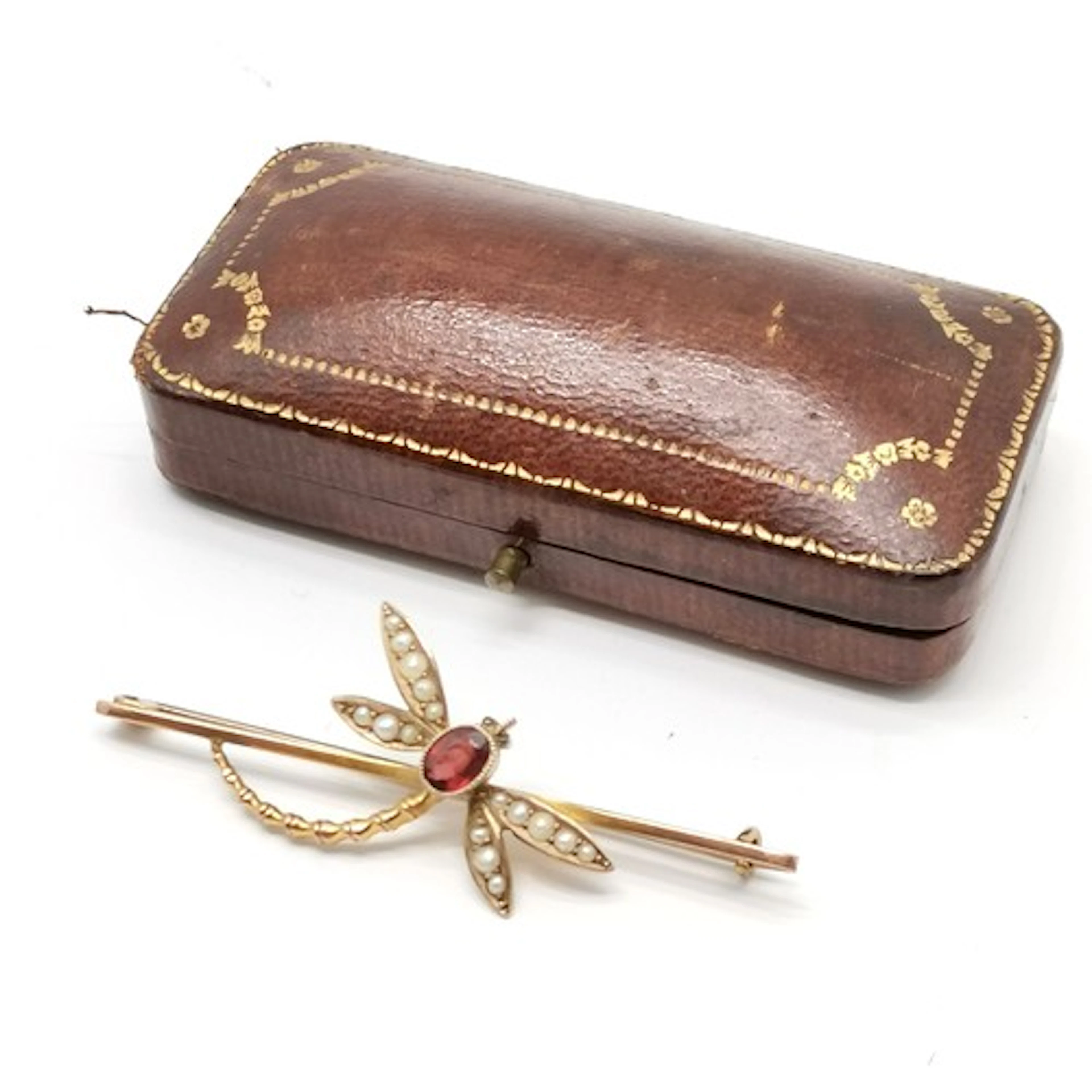 Antique 9ct gold marked dragonfly bar brooch set with garnet...