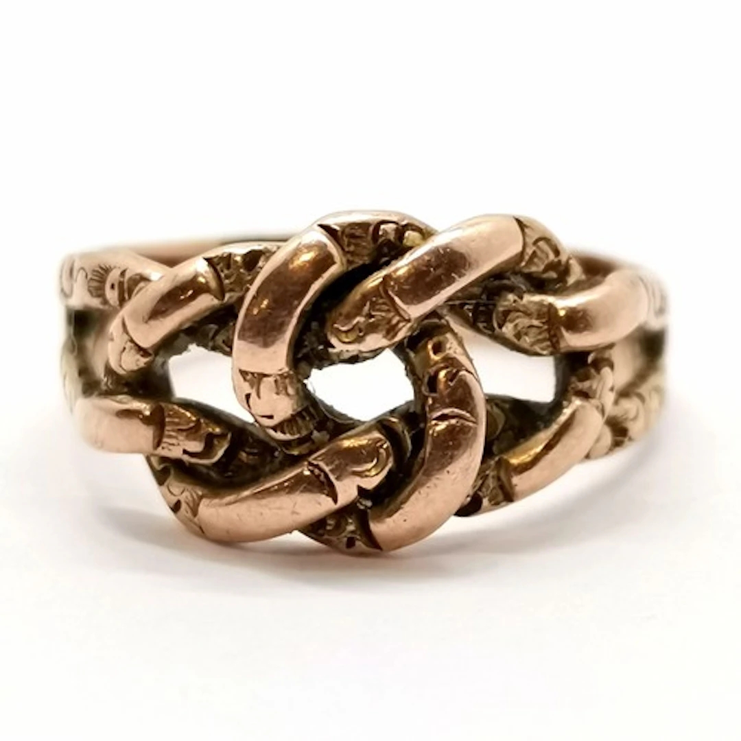 Antique 9ct hallmarked rose gold knot design keeper ring - s...