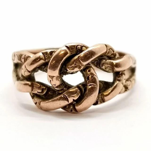 Antique 9ct hallmarked rose gold knot design keeper ring - s...