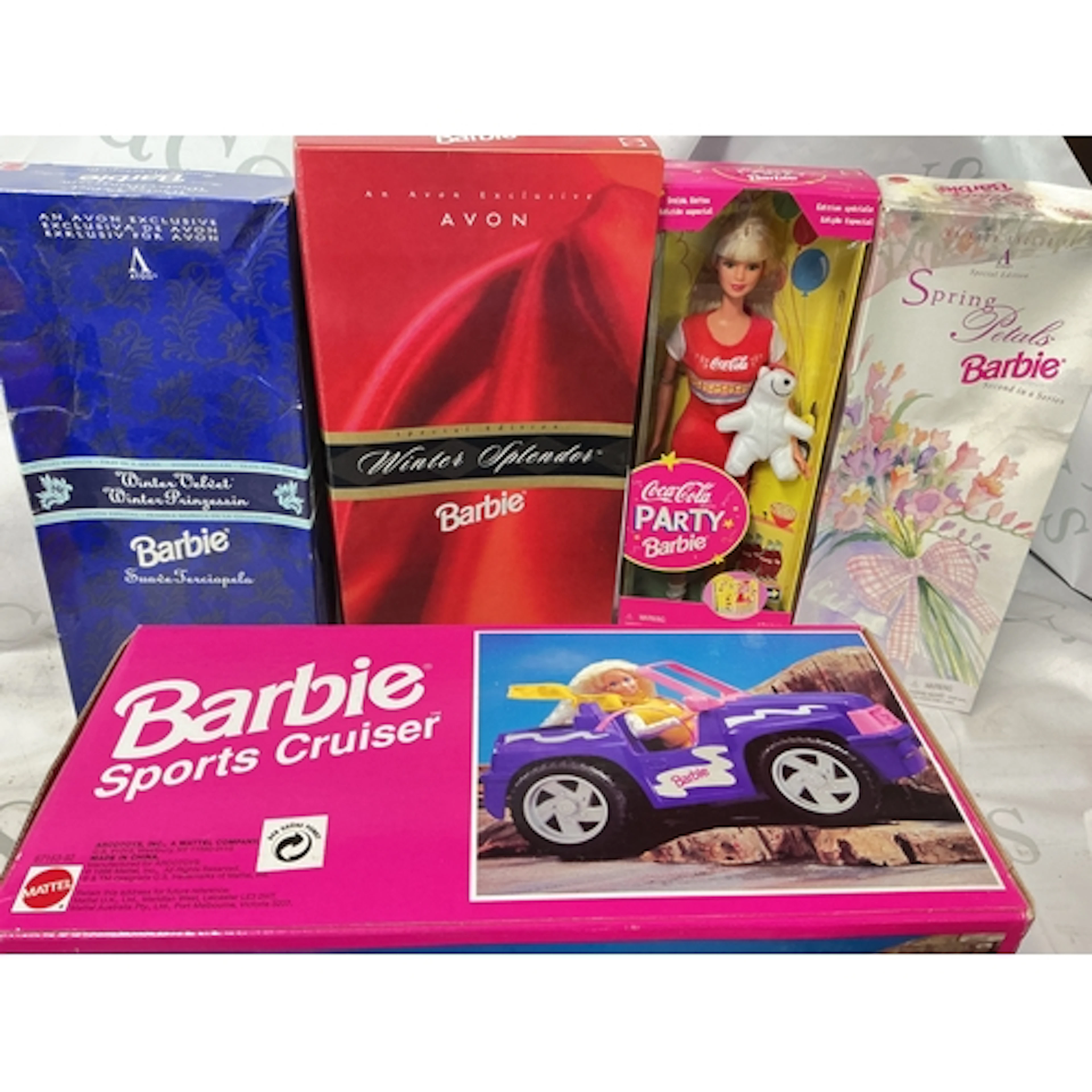 4 Boxed Barbies And A Barbie Sports Cruiser. A Spring Petals...