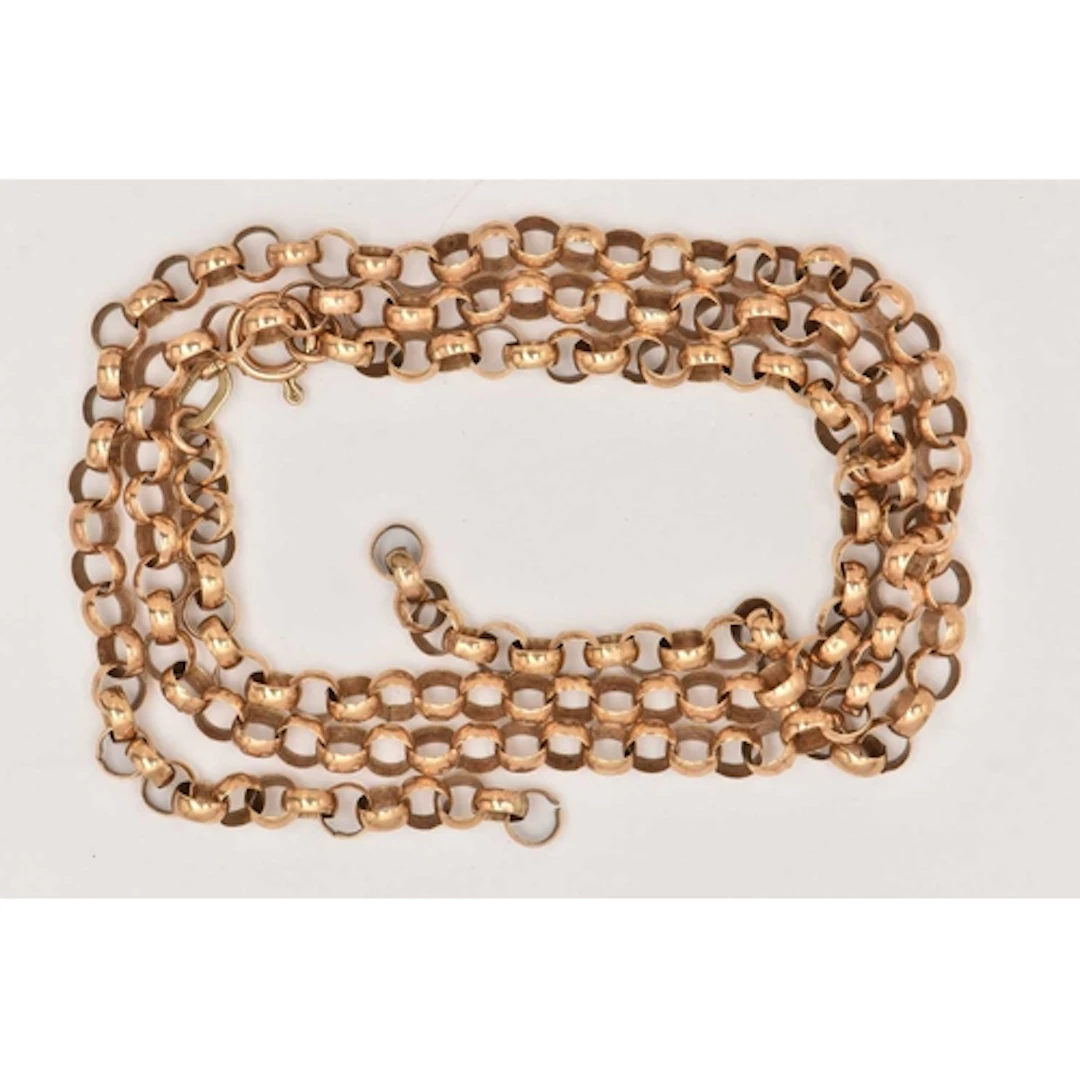 A 9CT YELLOW GOLD CHAIN NECKLACE, an AF yellow gold belcher ...