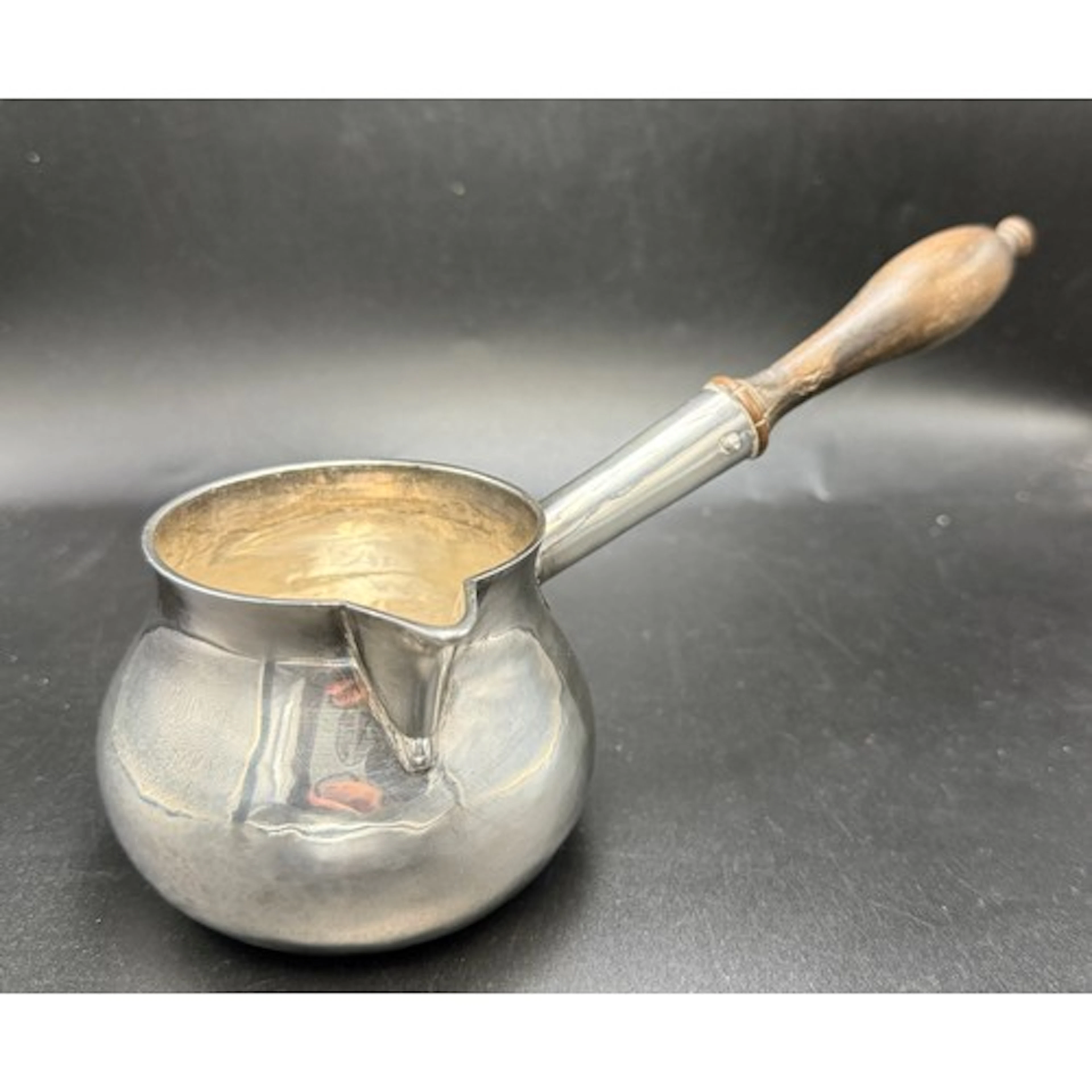 Britannia standard brandy pan with wooden side handle. Londo...