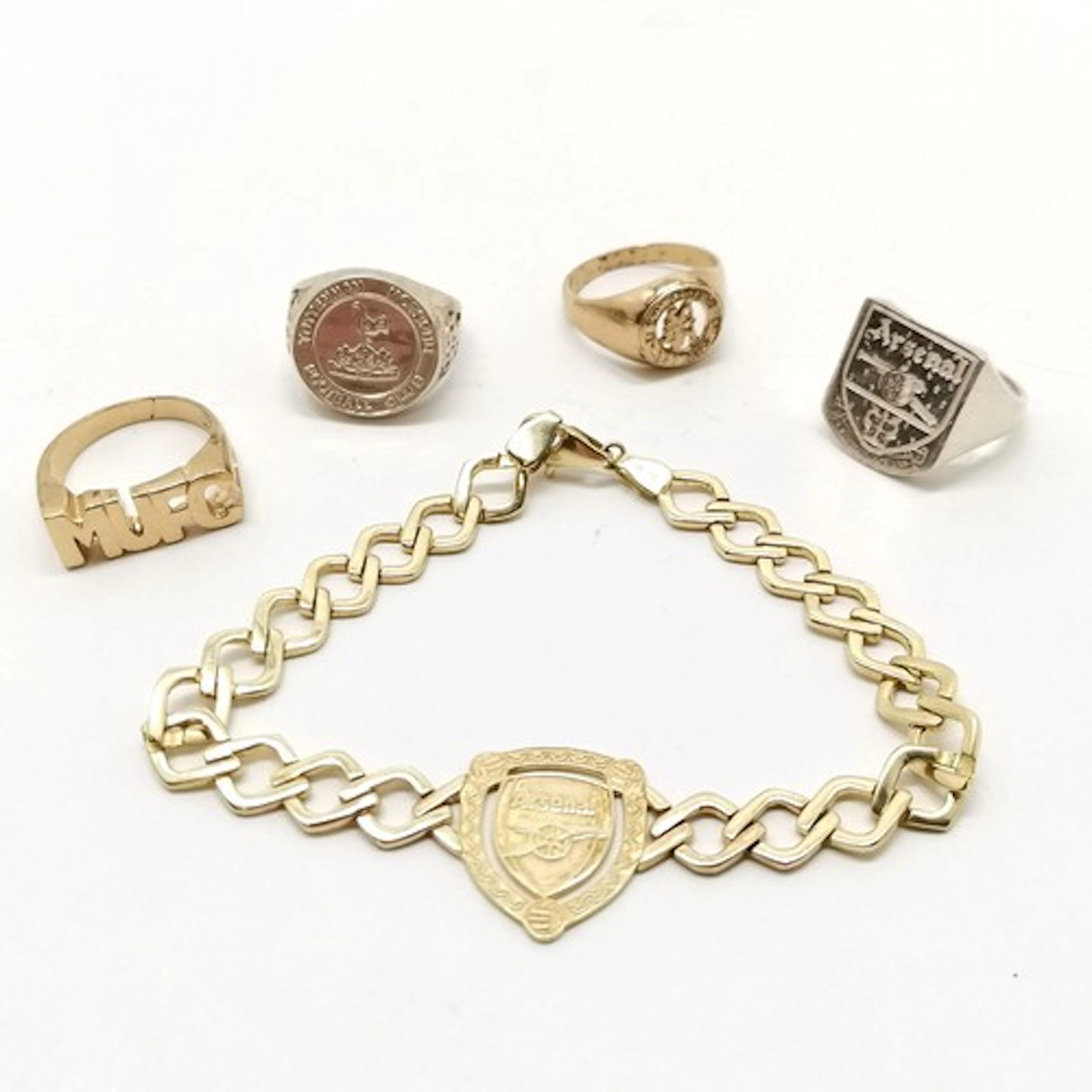 3 x football unmarked silver gilt jewellery - Arsenal bracel...