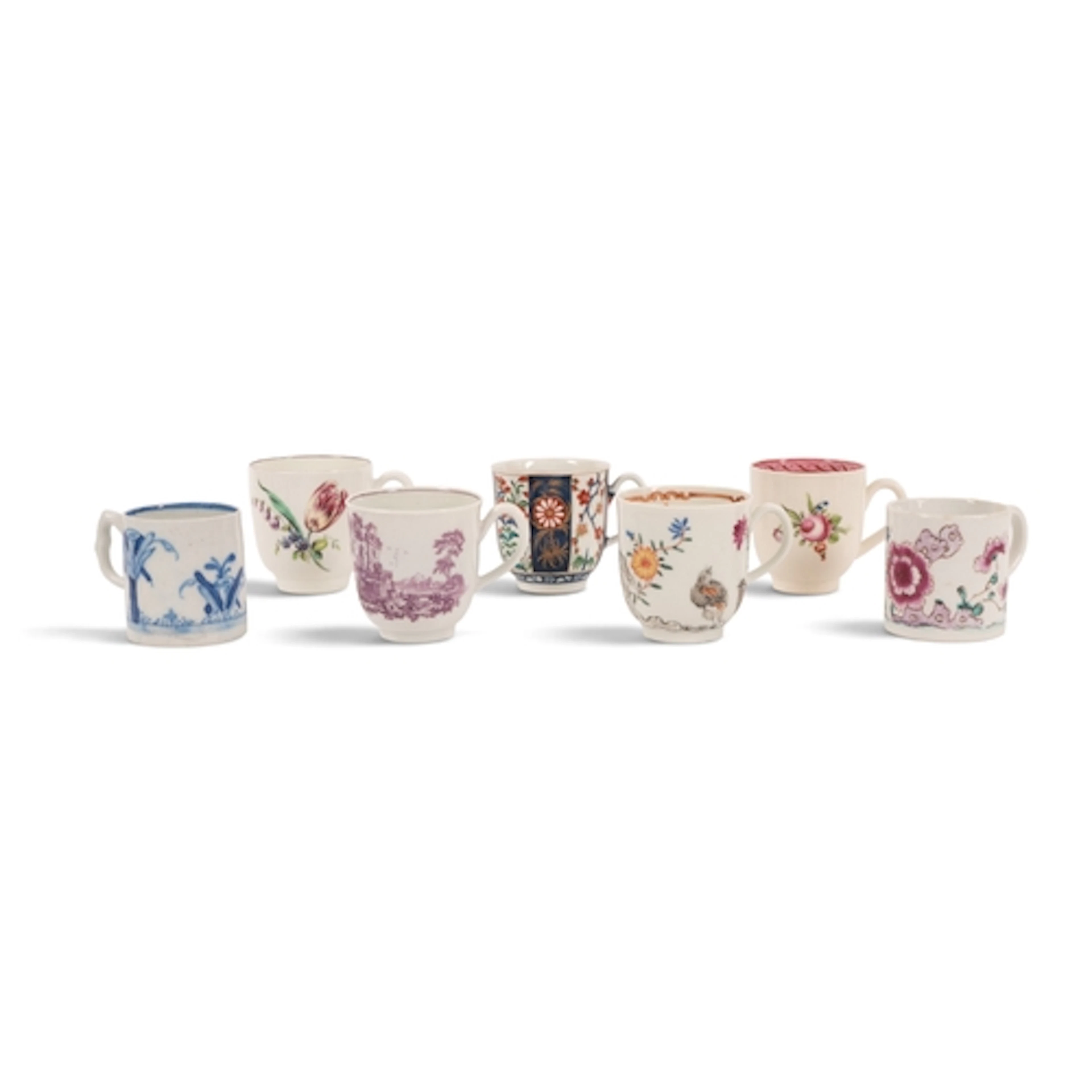 Seven English porcelain coffee cups, c.1752-90, including tw...