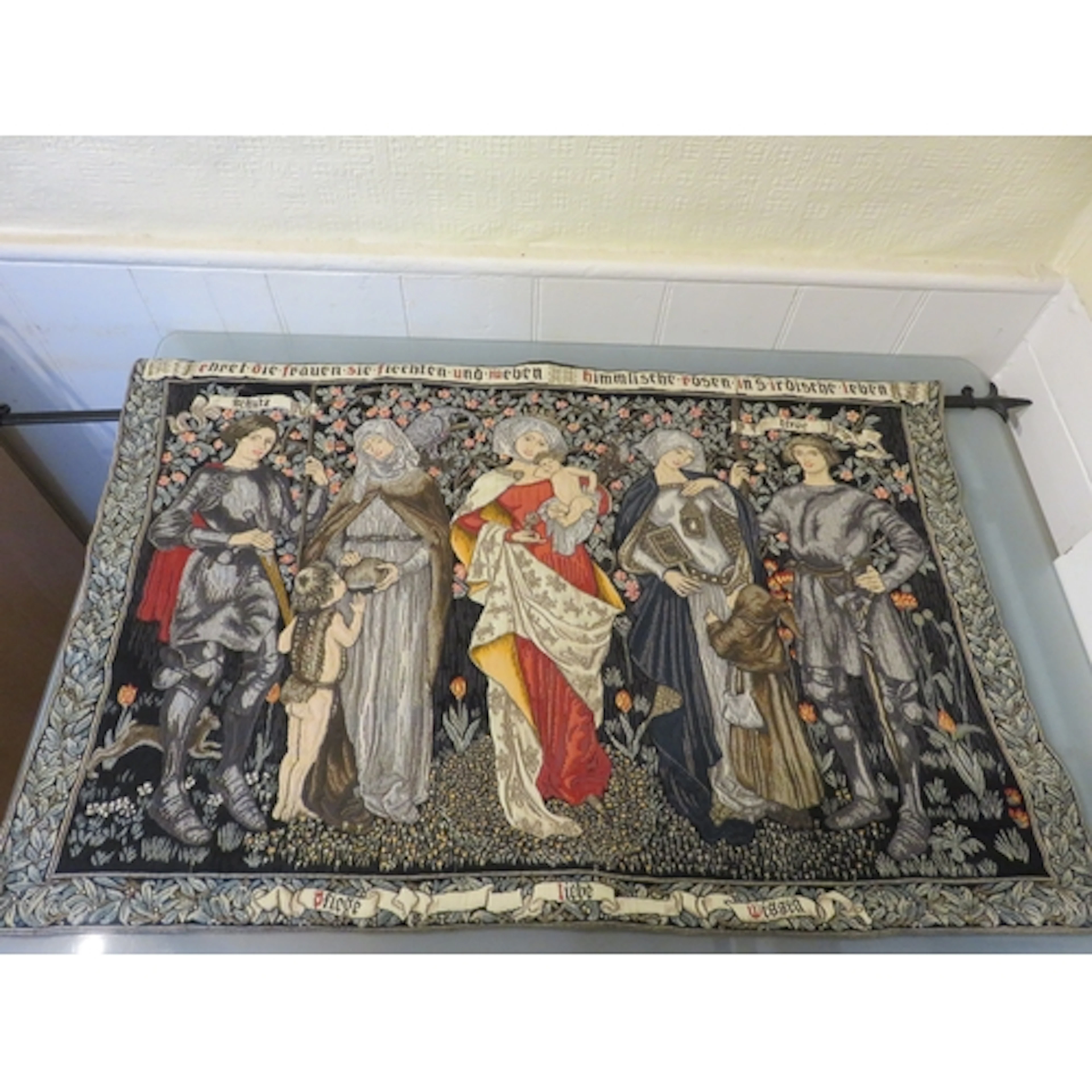 Machine woven tapestry panel in medieval style depicting a l...