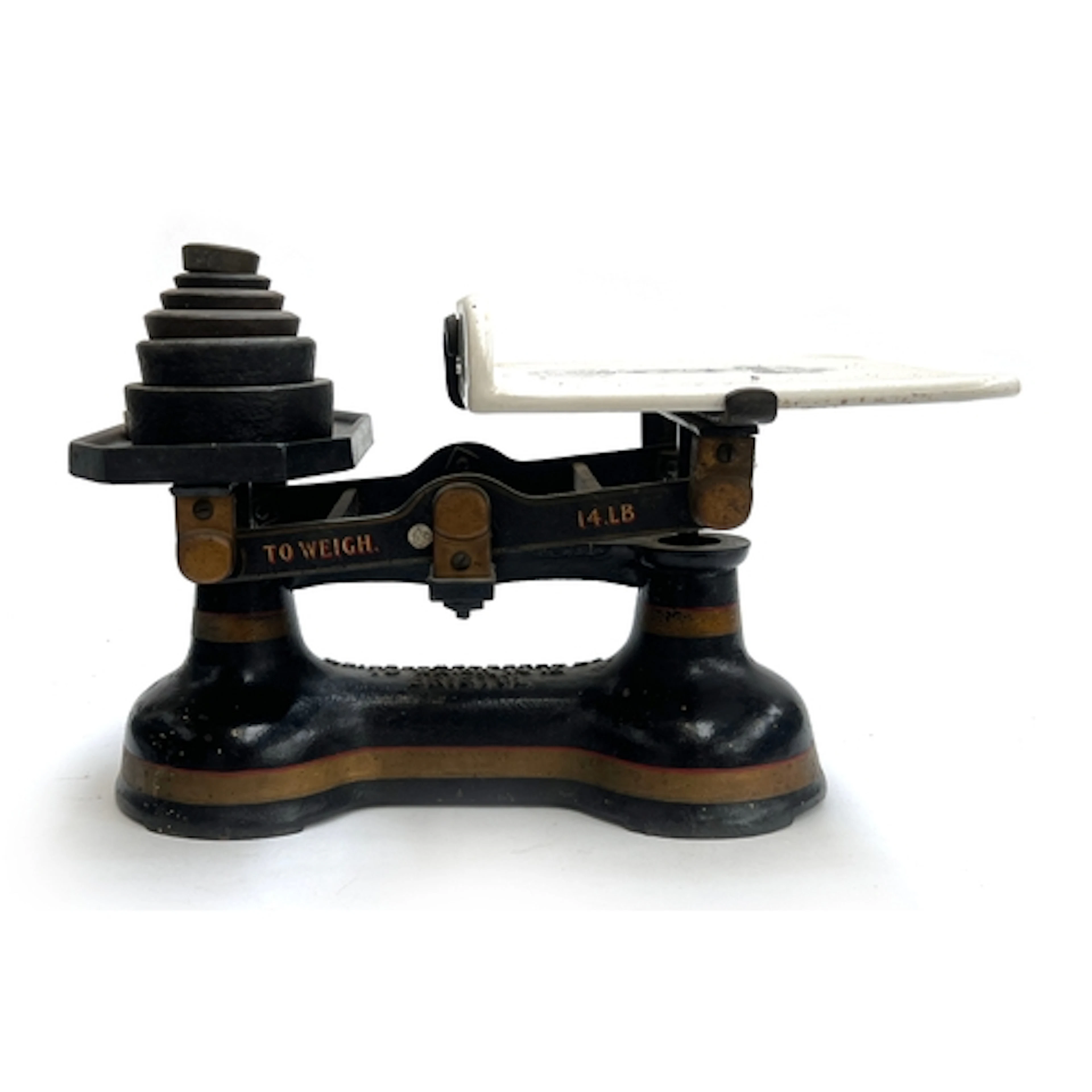 A good set of antique painted weighing scales 'to weigh 14lb...