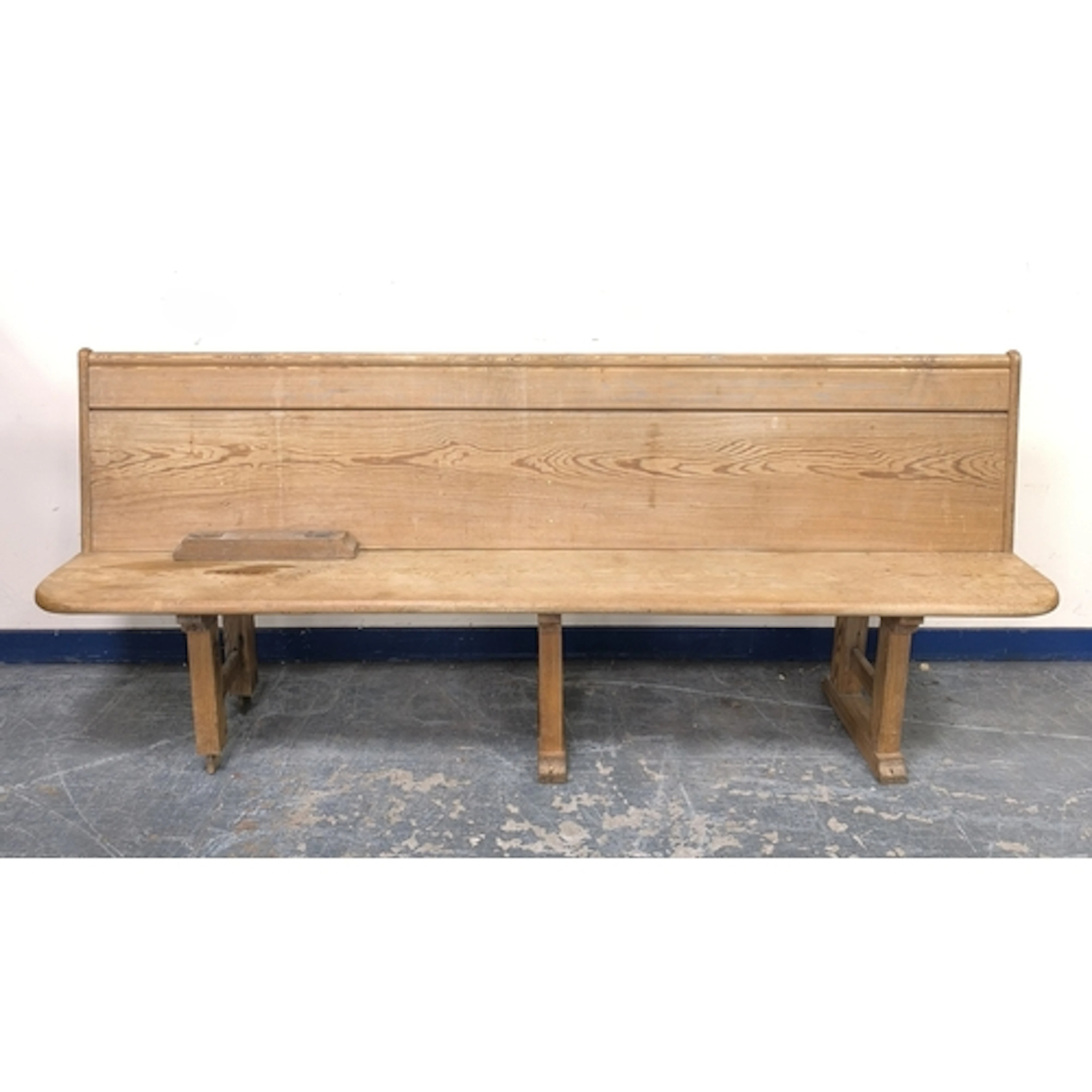 Antique pitch pine church pew, 89cm high, 216cm wide, 37cm d...