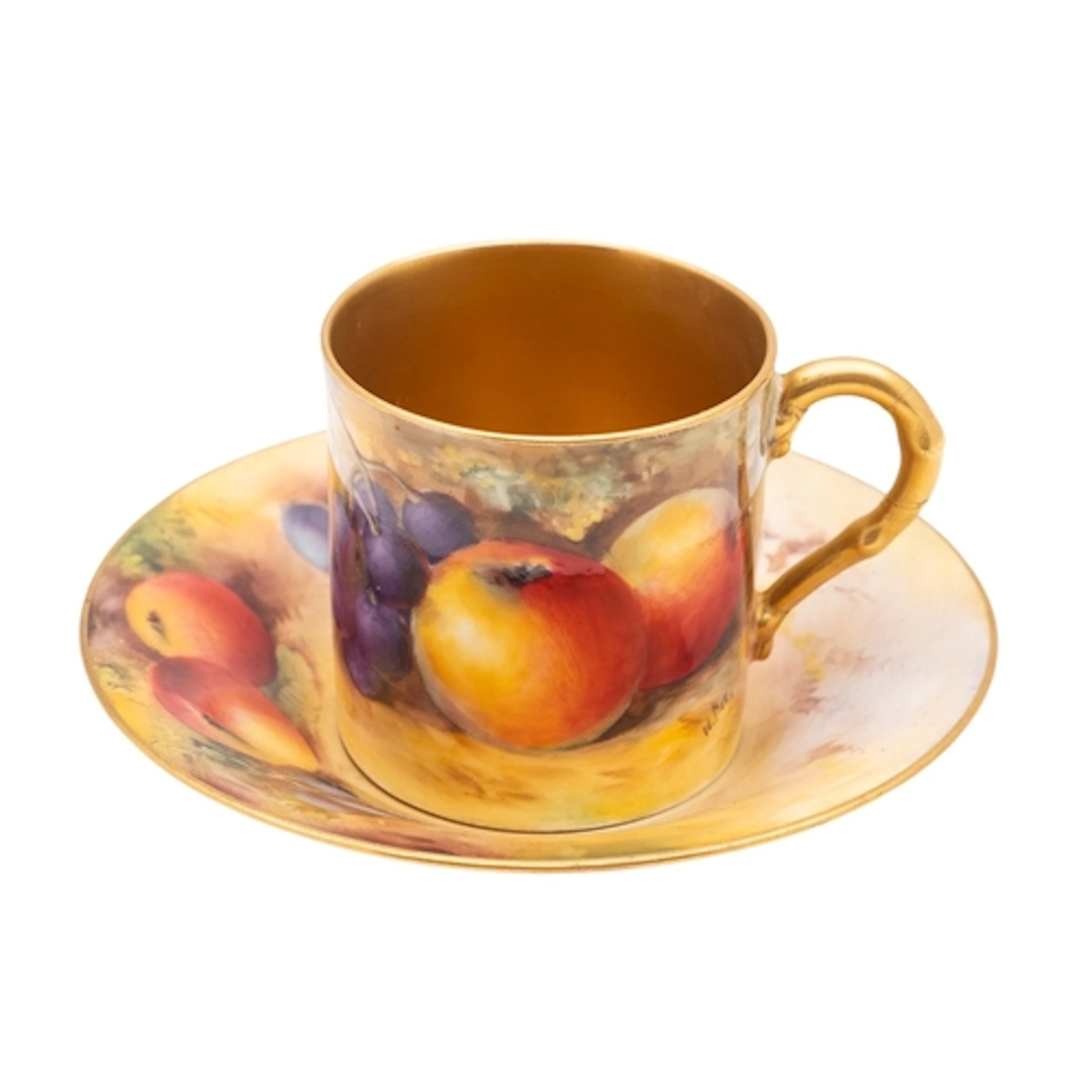 A Royal Worcester 'fruit painted' coffee can and saucer by H...