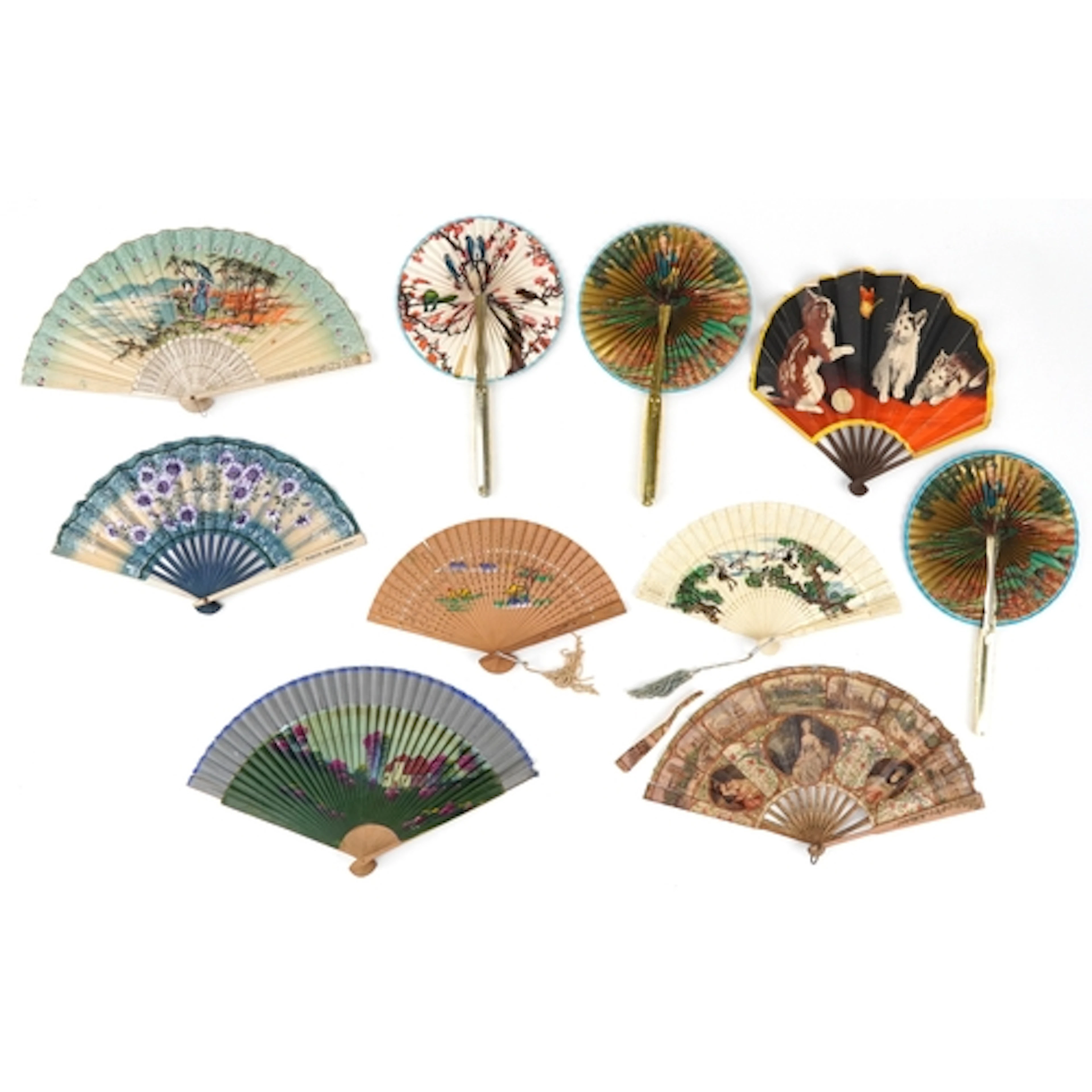 Antique folding fans including advertising examples for Hatc...