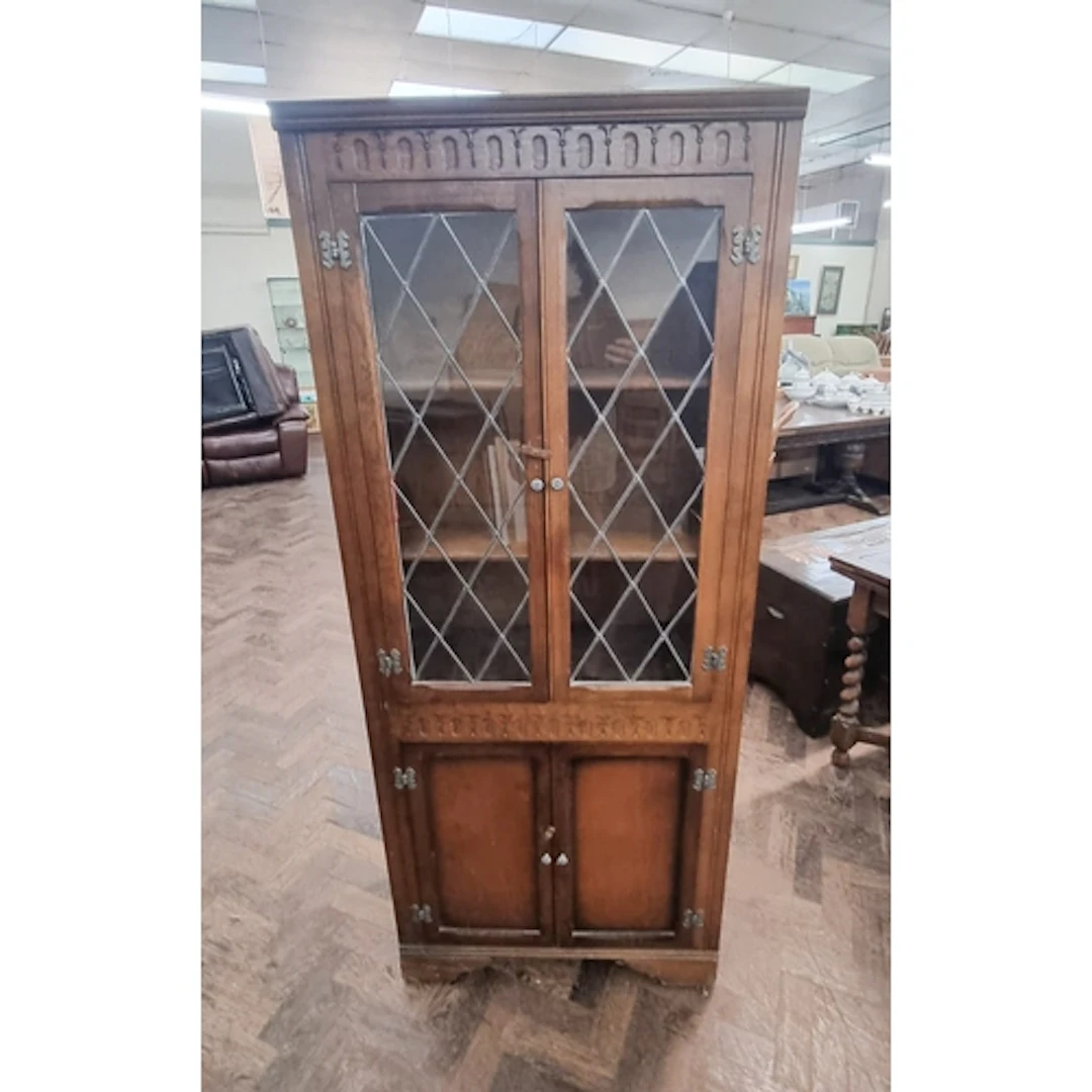 Old charm style oak leaded glazed two door bookcase
