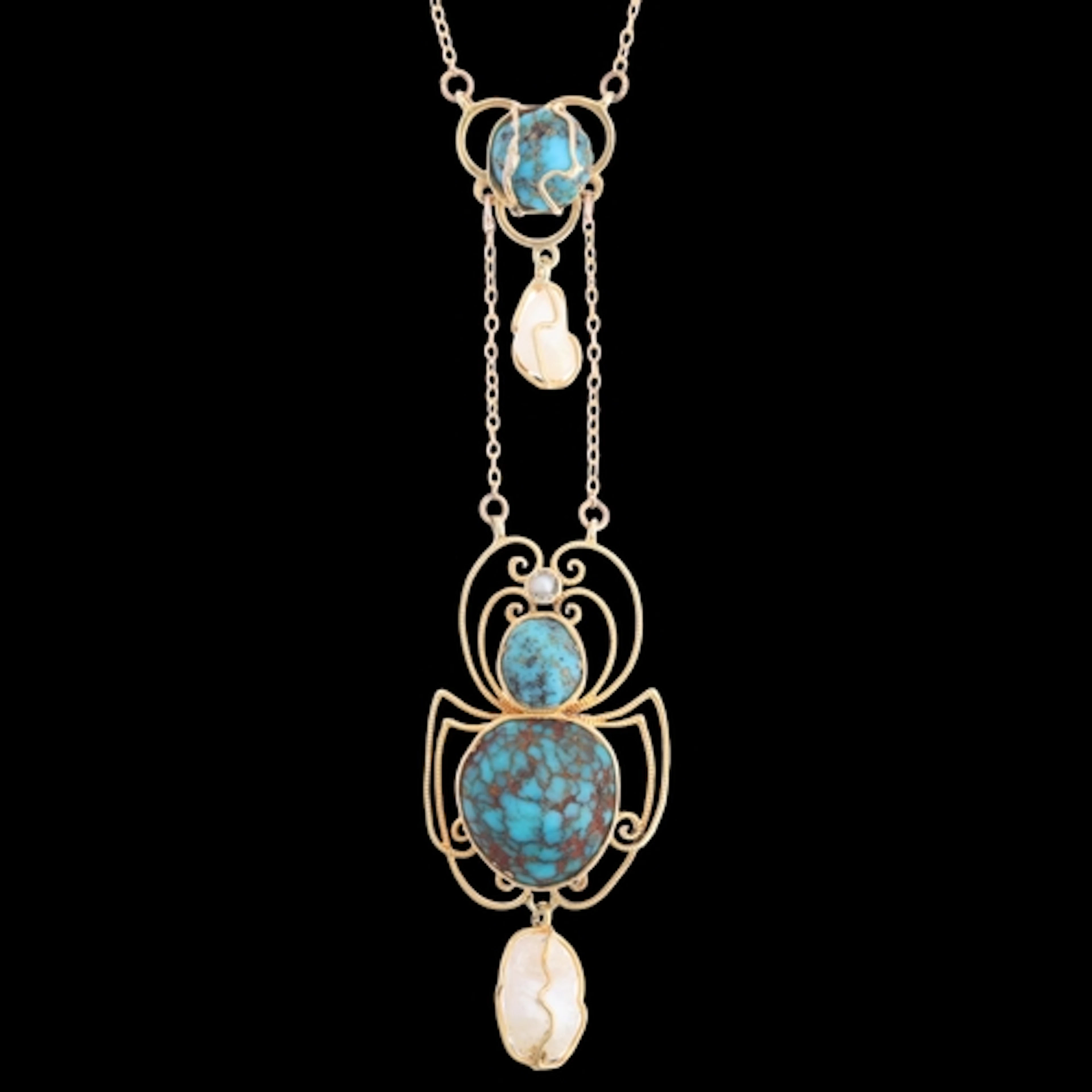 An Art Nouveau 15ct gold turquoise and pearl 'Spider' lavali...