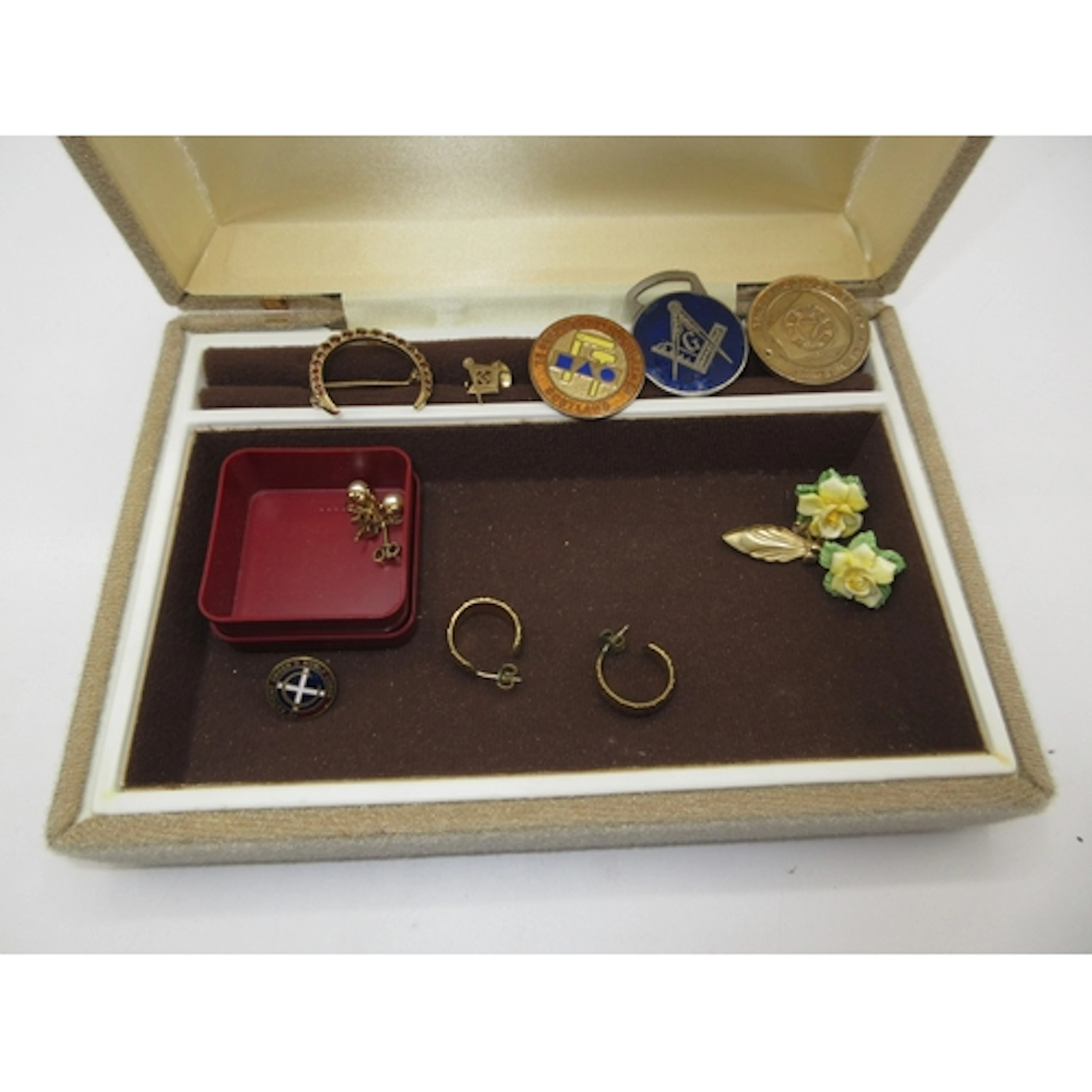 Jewel Box with Masonic Penny, Jewellery etc
