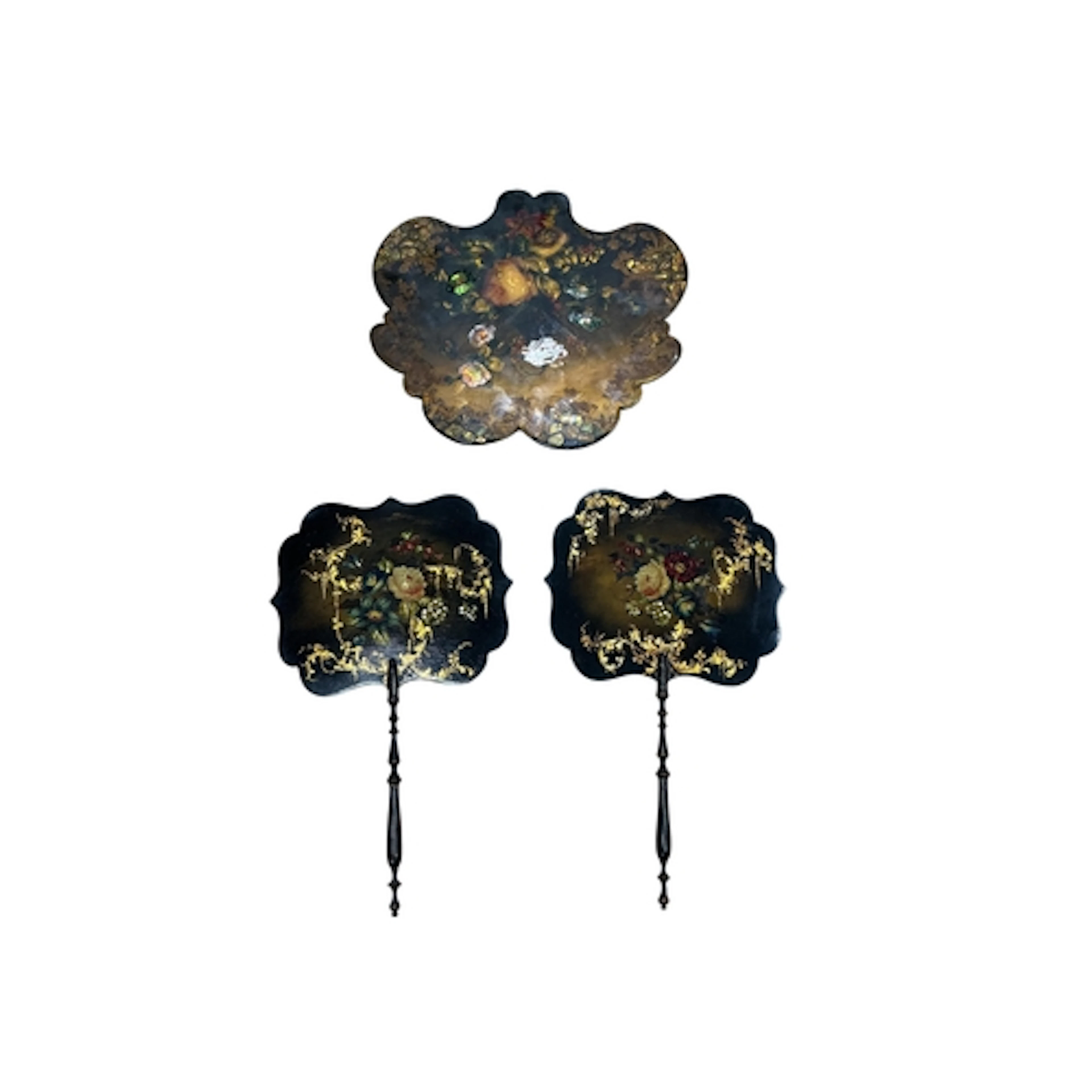 A pair of late Regency painted papier mache face screens wit...