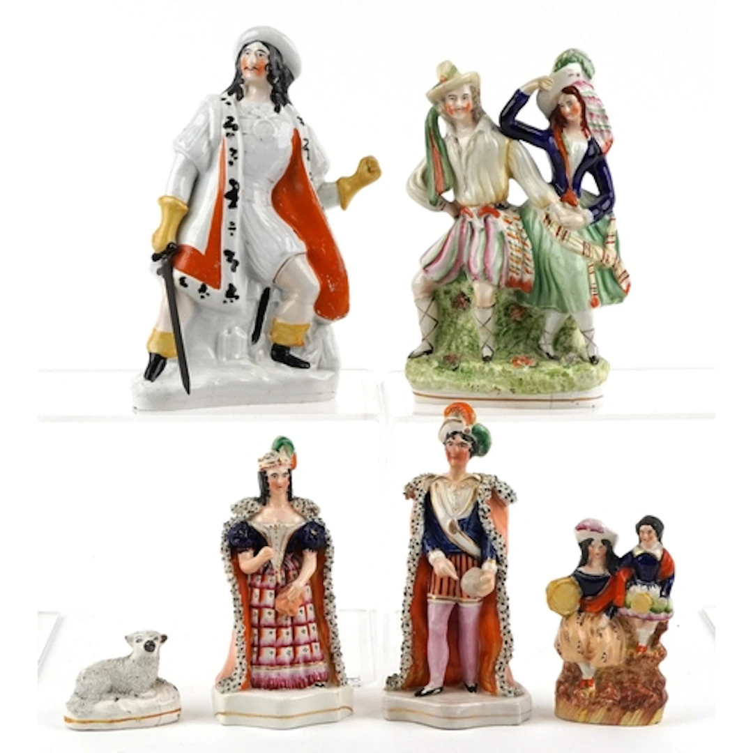 Six Victorian Staffordshire pottery figures including Lady M...