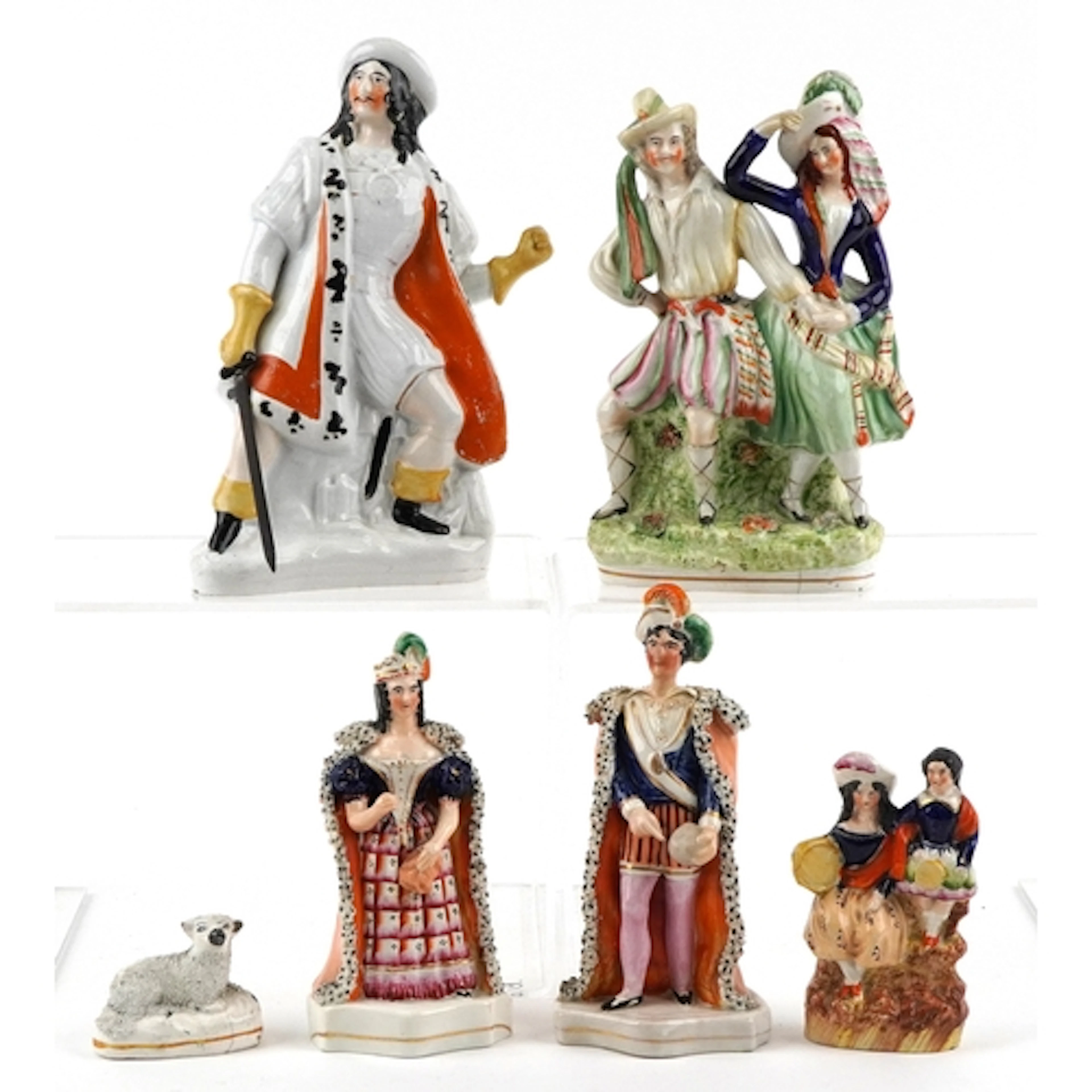 Six Victorian Staffordshire pottery figures including Lady M...