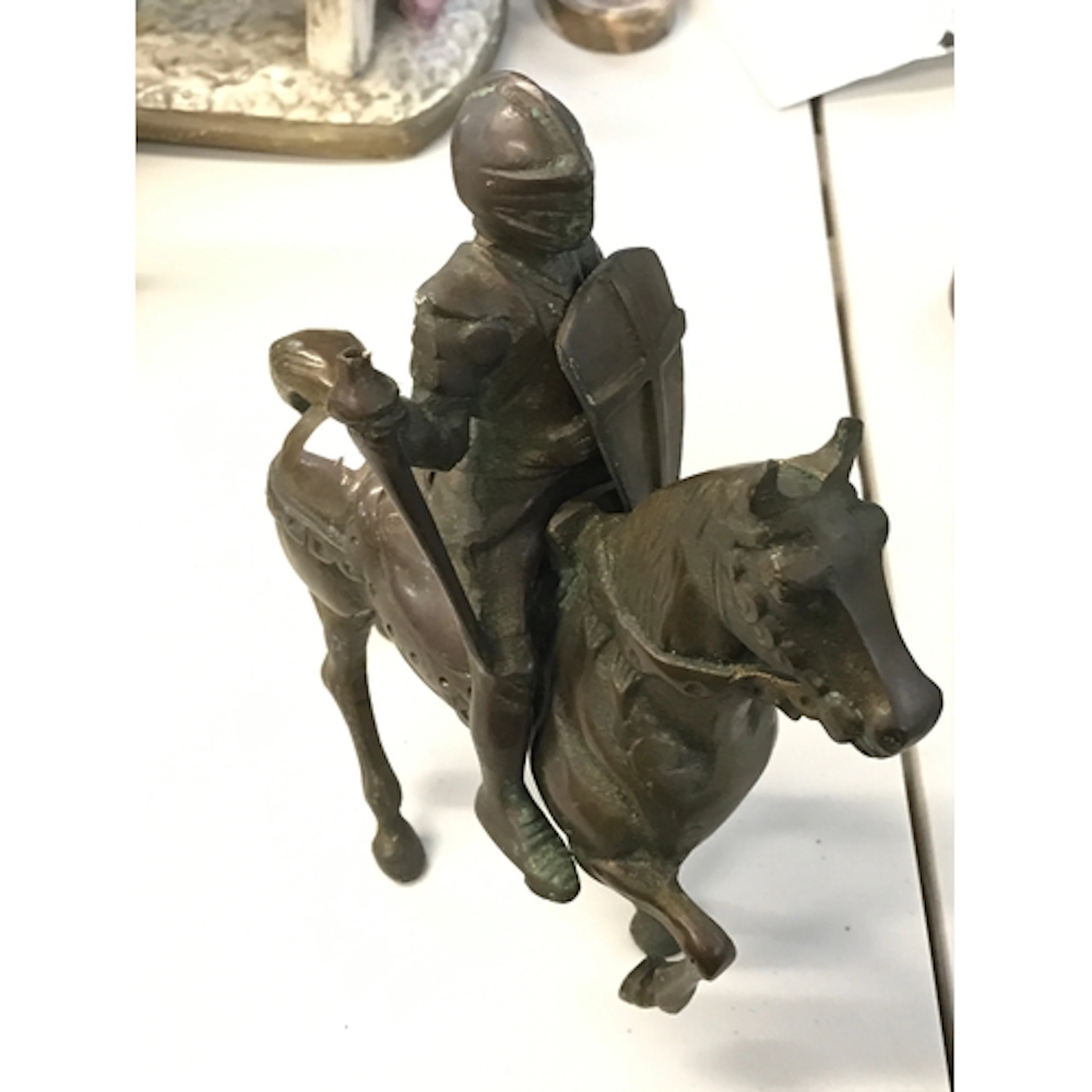A bronze Medieval knight on horseback 23cm tall