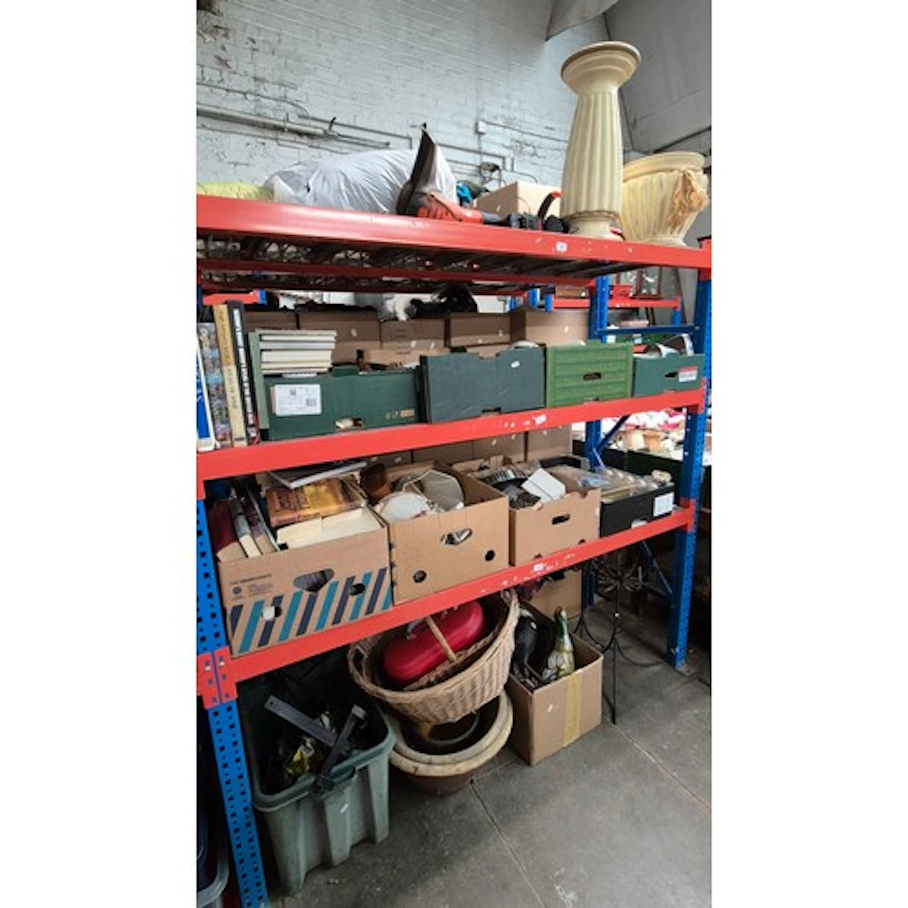 10 boxes of mixed items together with planters, wicker baske...