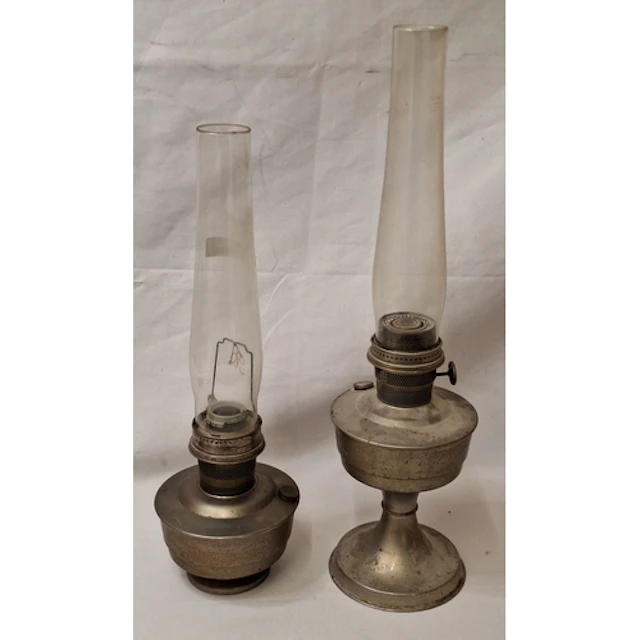 2 Vintage Oil Lamps with glass chimneys, tallest 60cm H (2)