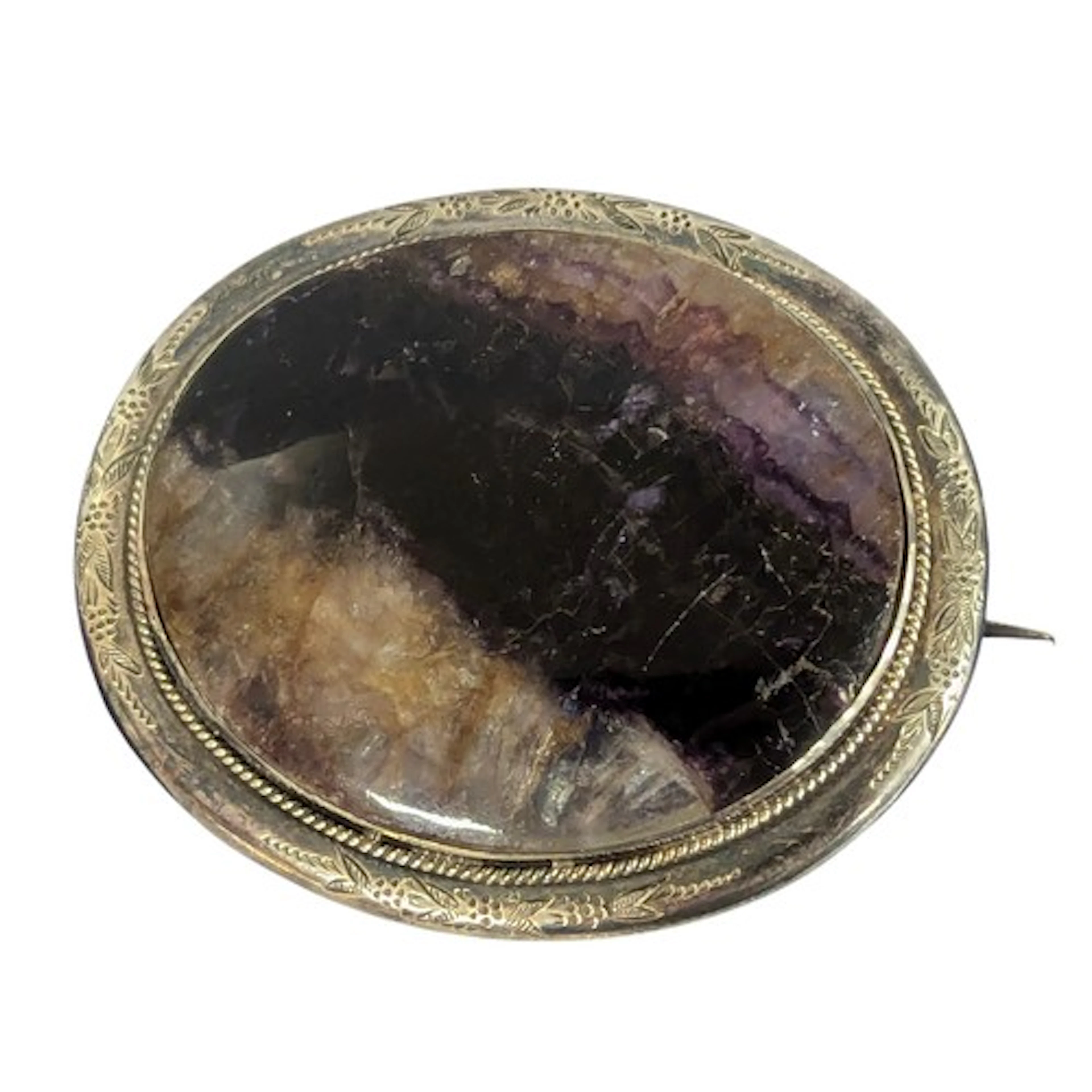 A silver metal mounted oval blue john brooch, approx 52mm x ...