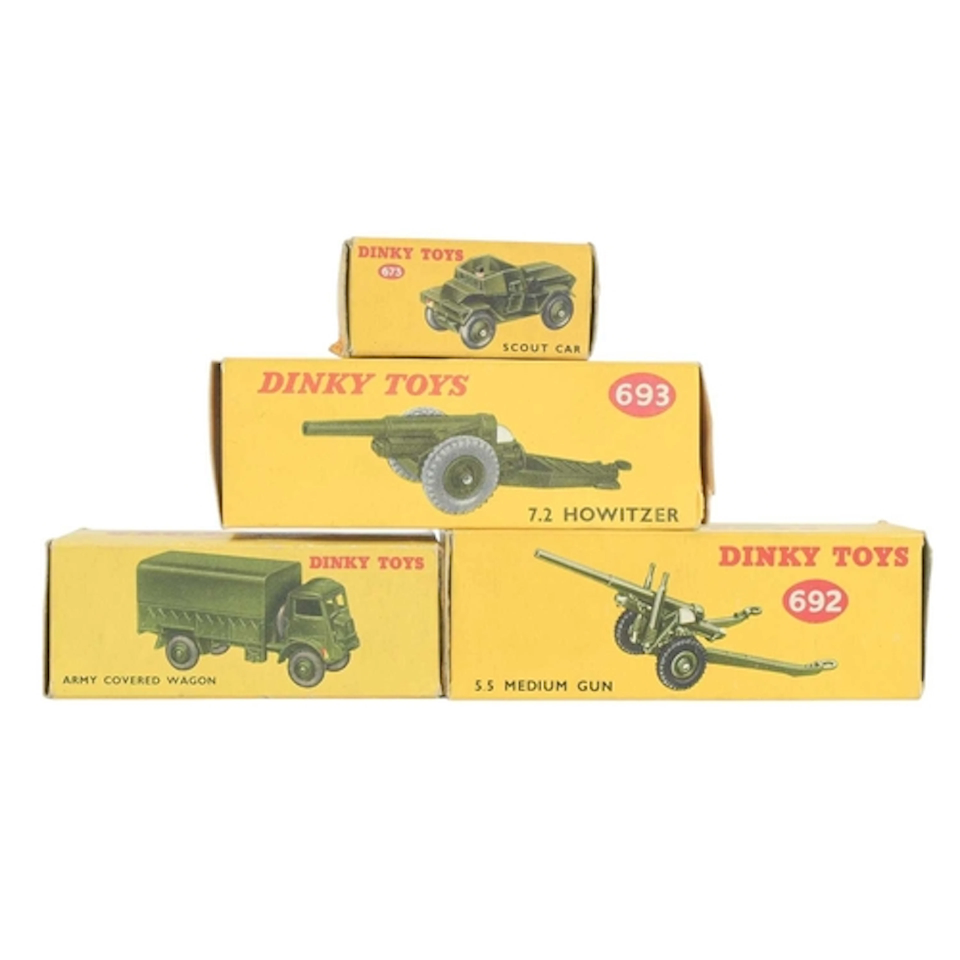 Dinky Army Vehicles x4 boxed. Lot comprises: 692 - 5.5 mediu...