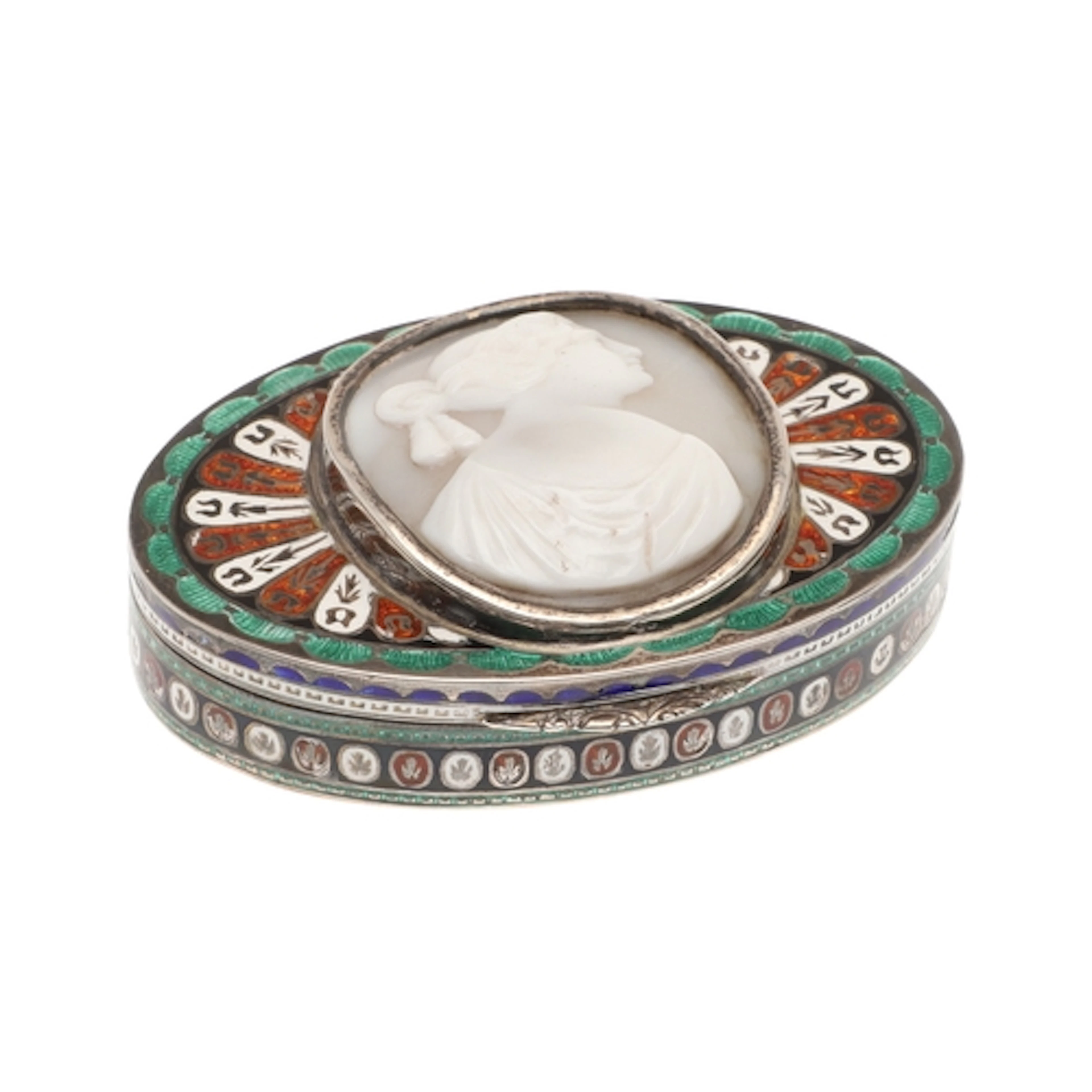 A SILVER AND ENAMEL SNUFF BOX. oval, enamelled in colours wi...