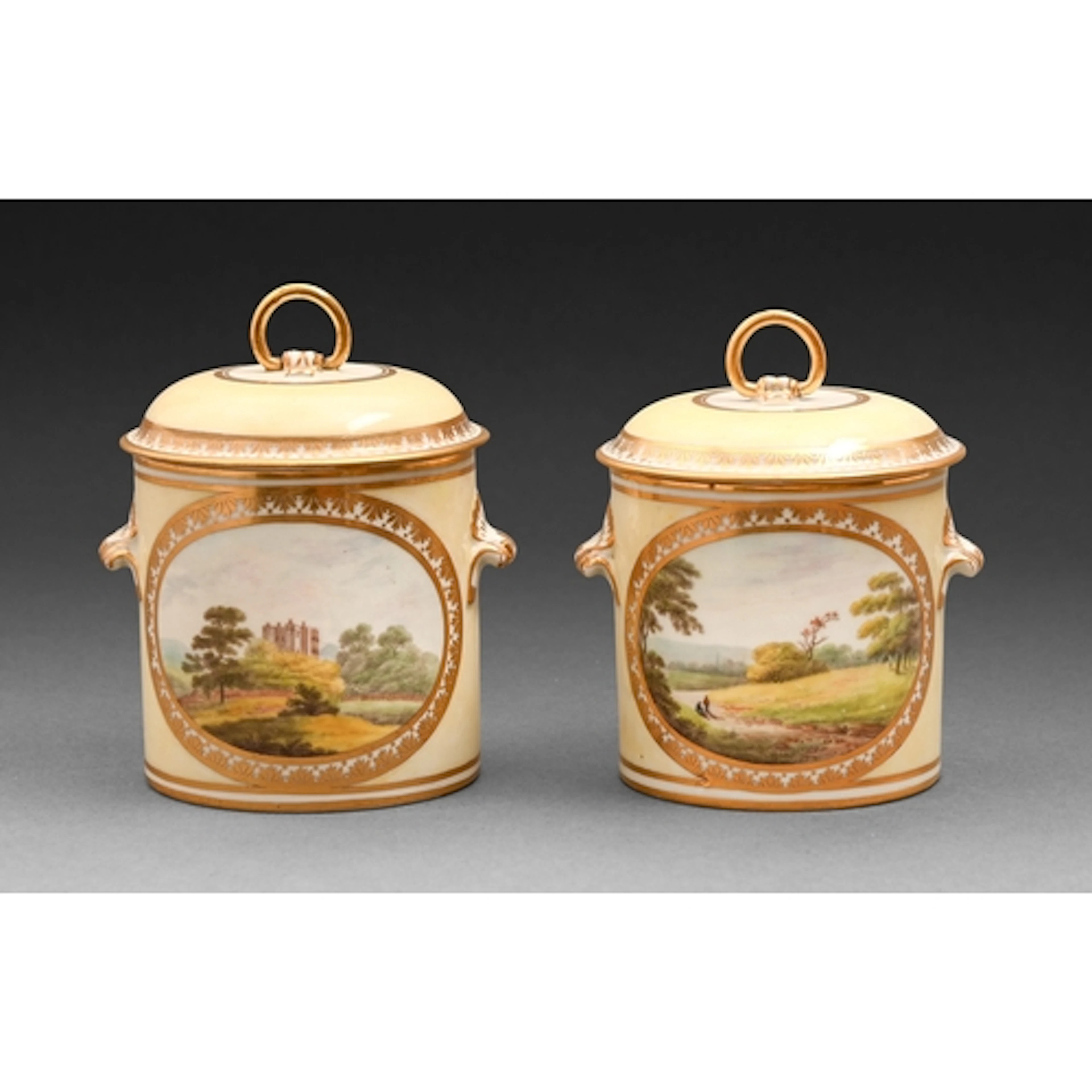A pair of Derby yellow ground preserve pots and covers, c179...