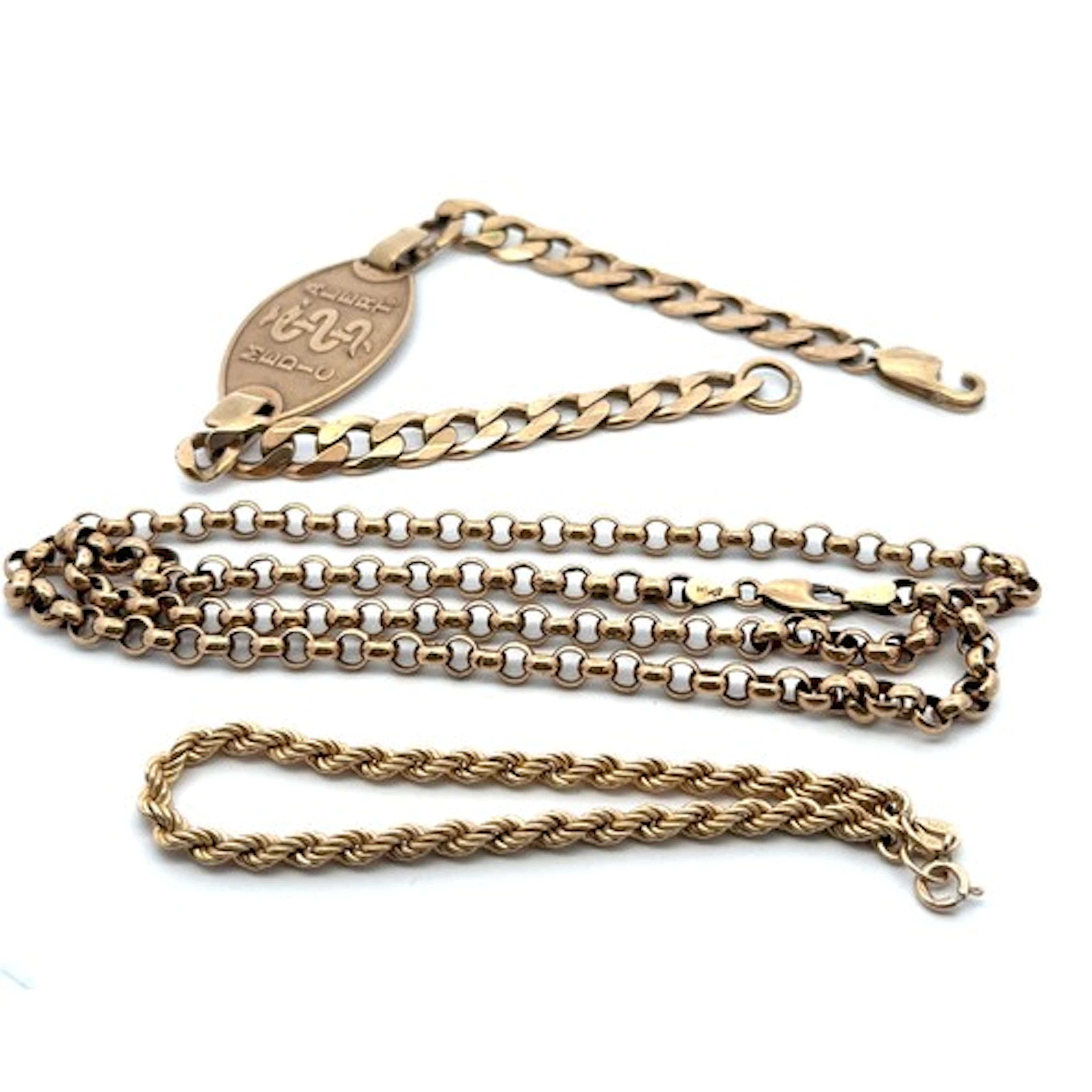 A 9ct gold belcher chain. A 9ct gold rope bracelet. And a Me...