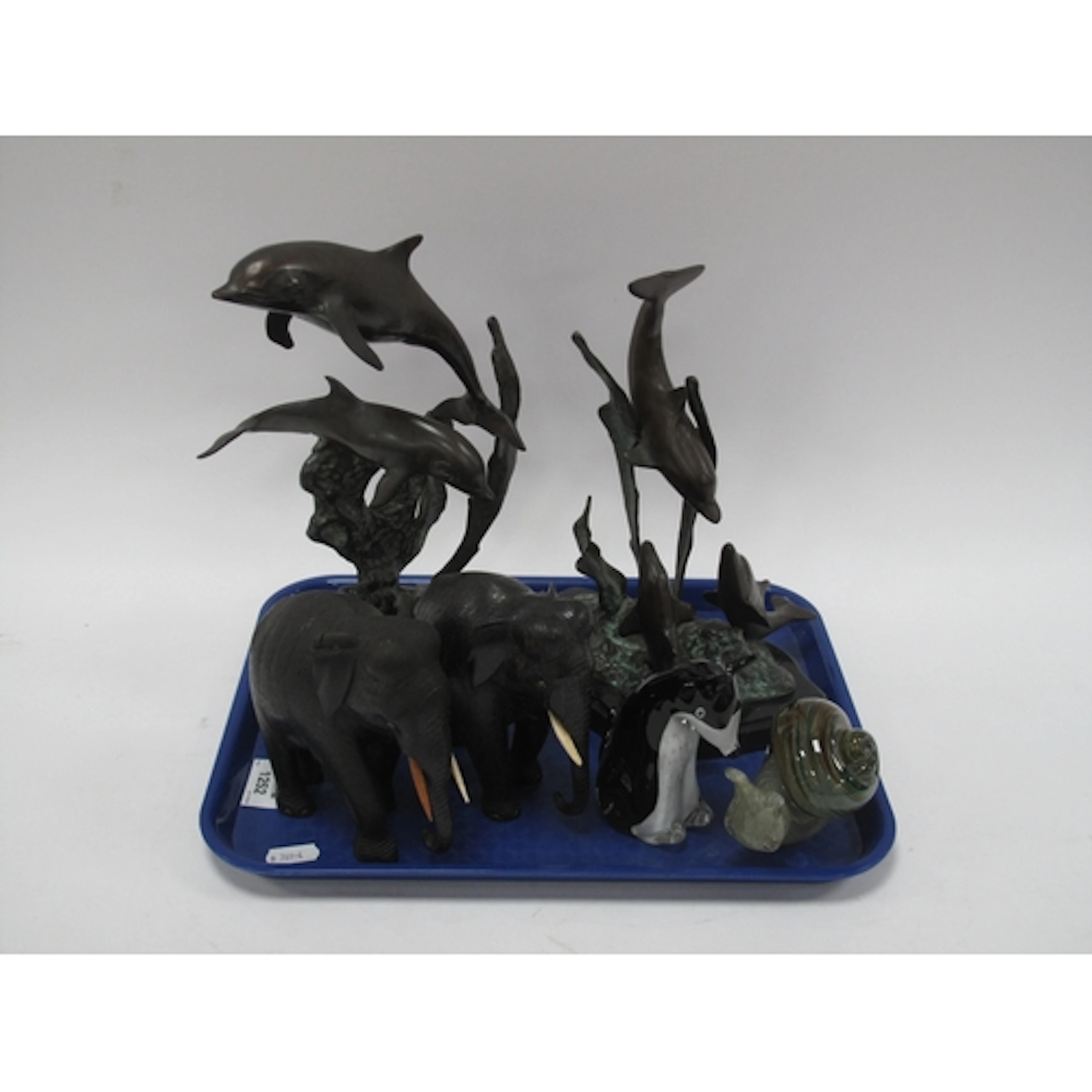 Animal Figures, including two patinated metal dolphin sculpt...