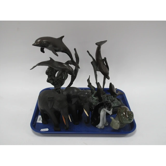 Animal Figures, including two patinated metal dolphin sculpt...