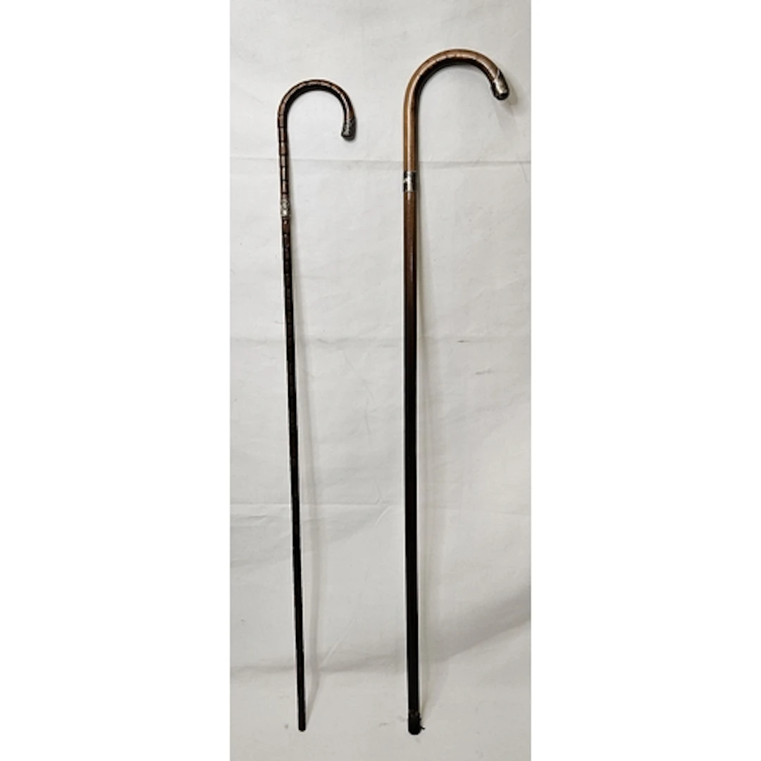 2 Antique Silver Tipped & Collared Walking Canes/Sticks, rub...