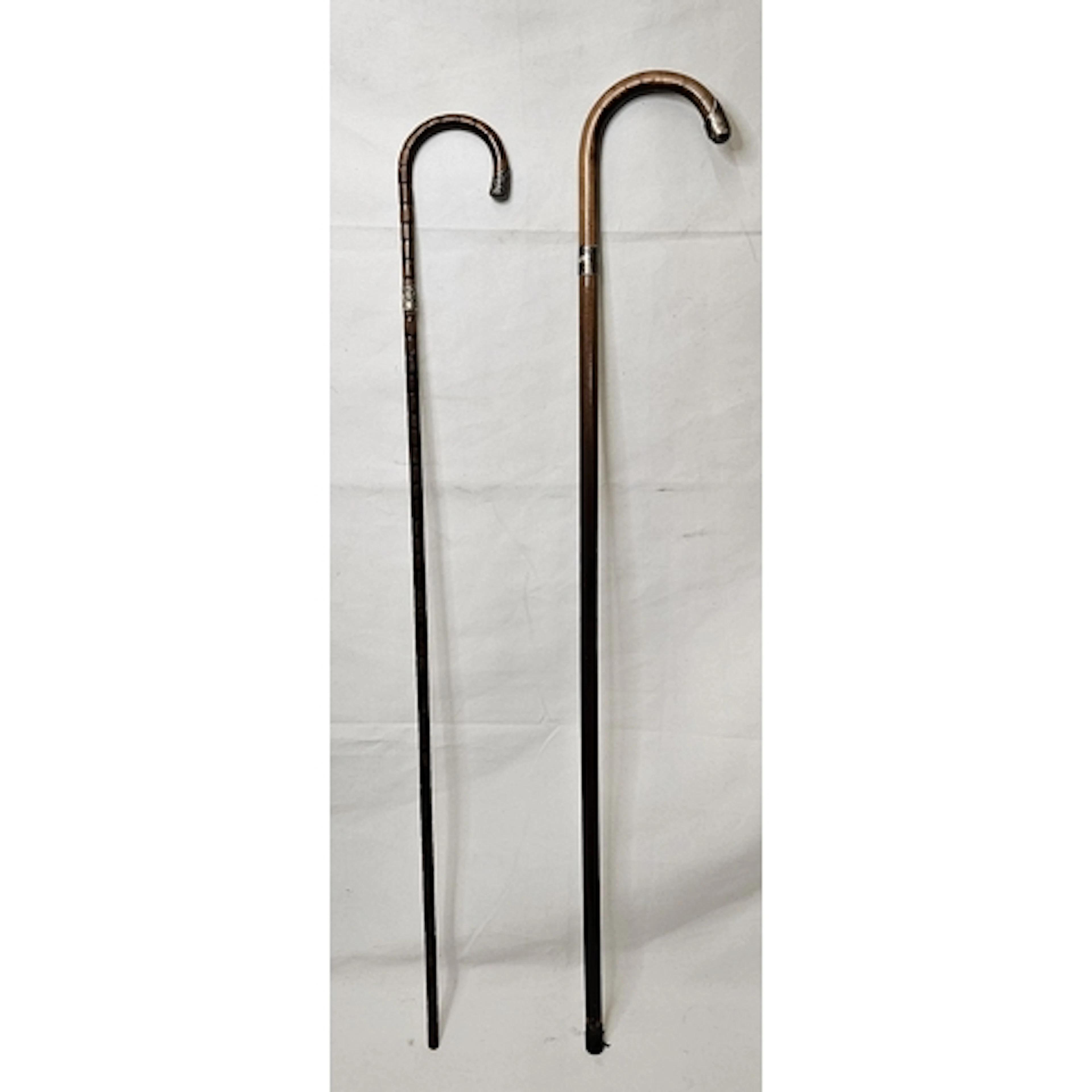 2 Antique Silver Tipped & Collared Walking Canes/Sticks, rub...