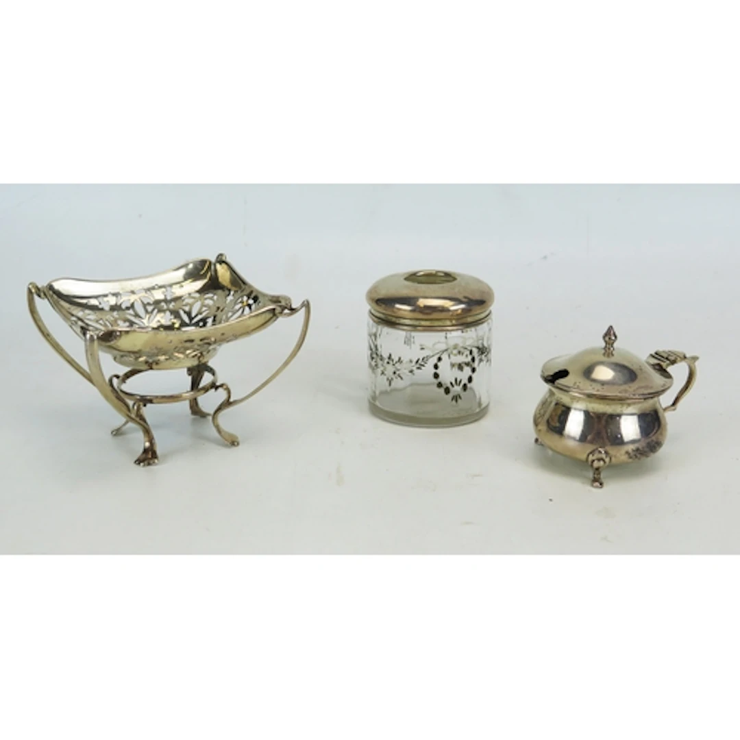 Assorted silverware including mustard pot, dressing table ja...