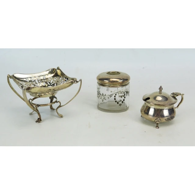 Assorted silverware including mustard pot, dressing table ja...