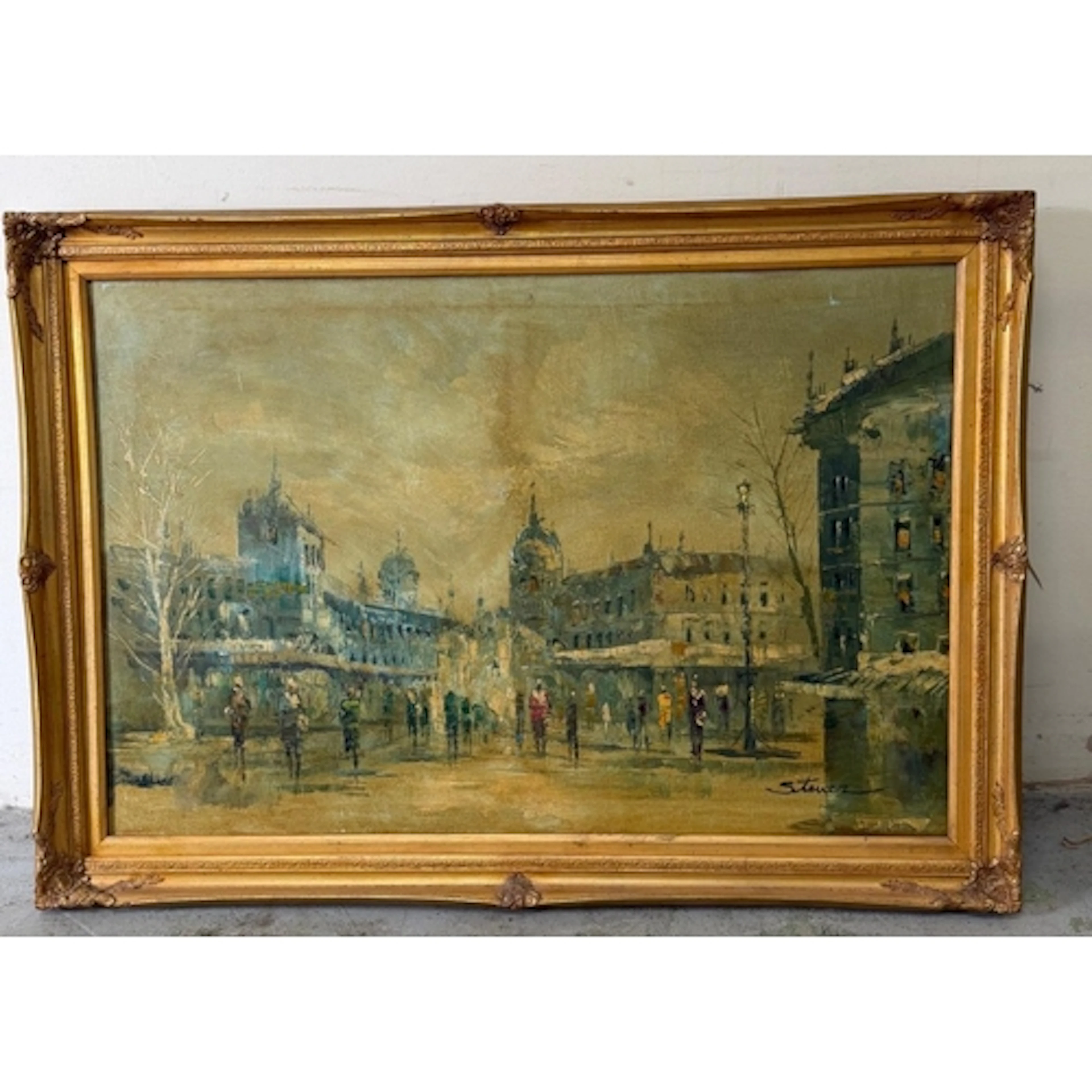 Oil on canvas painting depicting a Paris street scene by art...