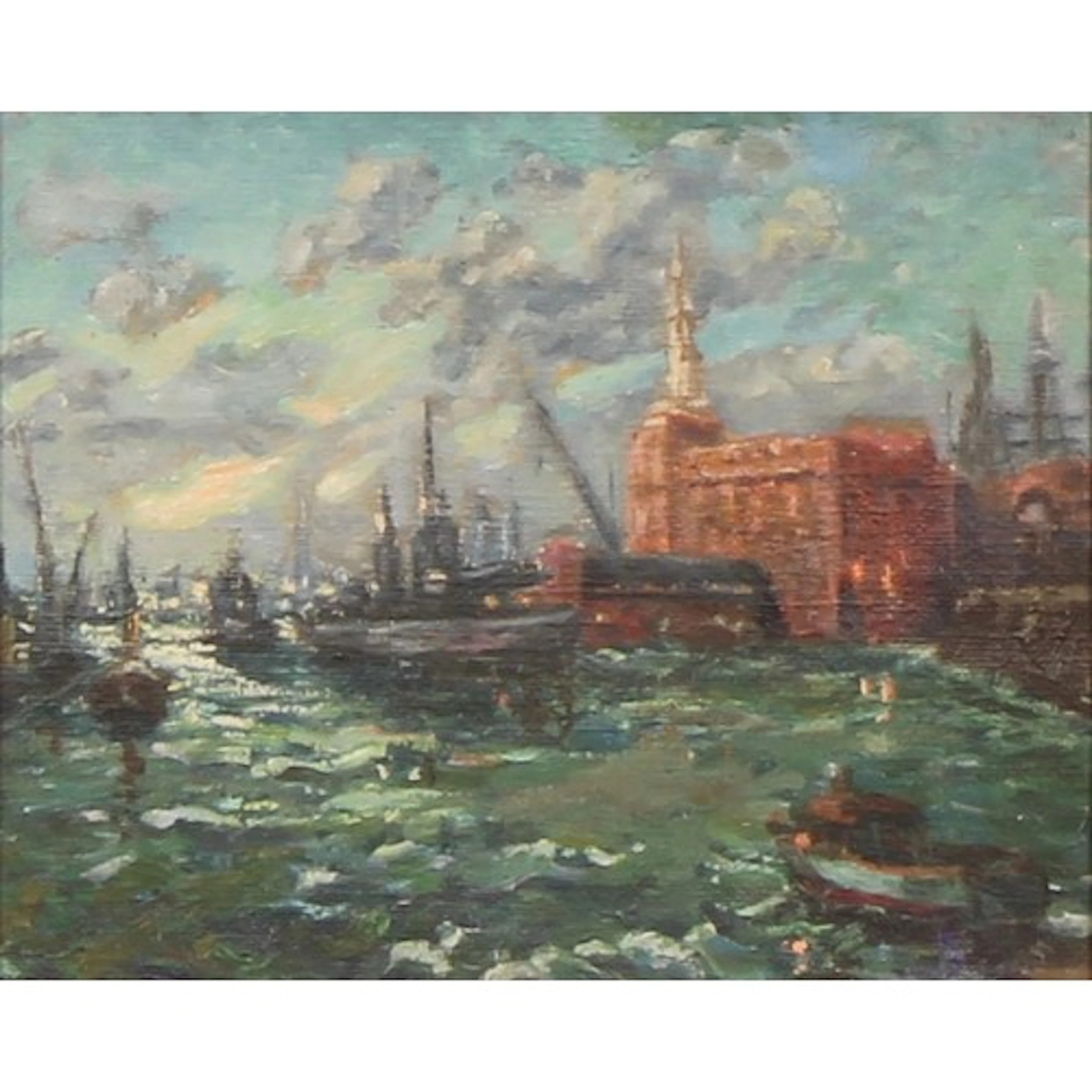 Impressionist School (early 20th century) Busy Harbour uns...
