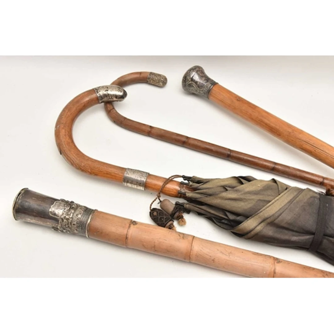 TWO WALKING STICKS AND AN UMBRELLA, a walking stick with a s...