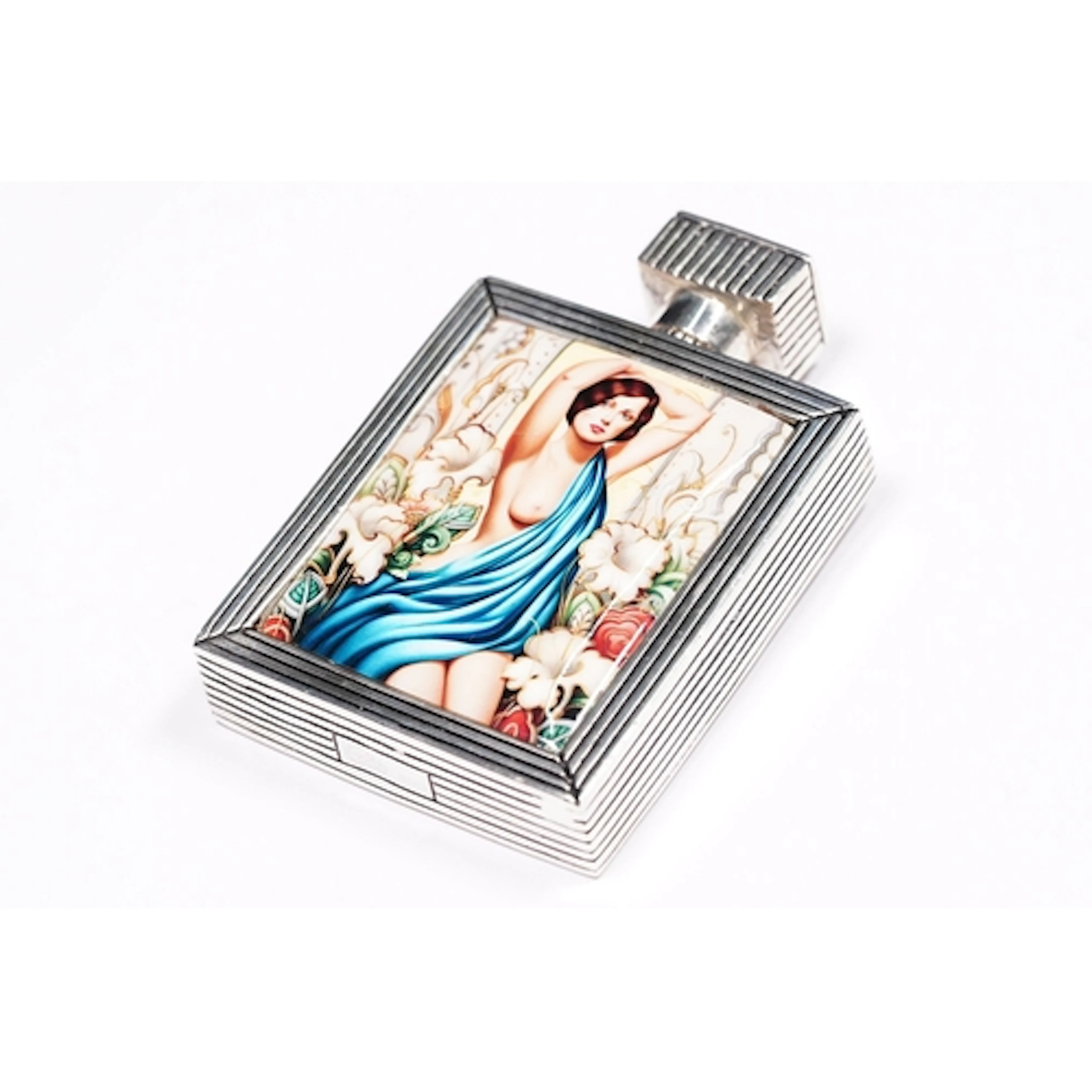 Art Deco style perfume bottle with pictorial image.