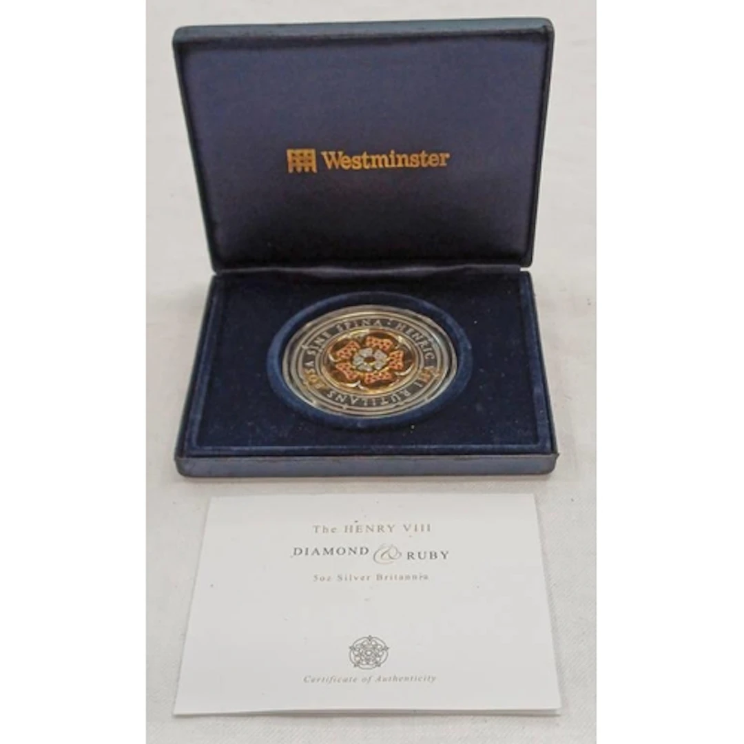2009 THE HENRY VIII DIAMOND & RUBY 5OZ SILVER BRITANNIA, ENC...