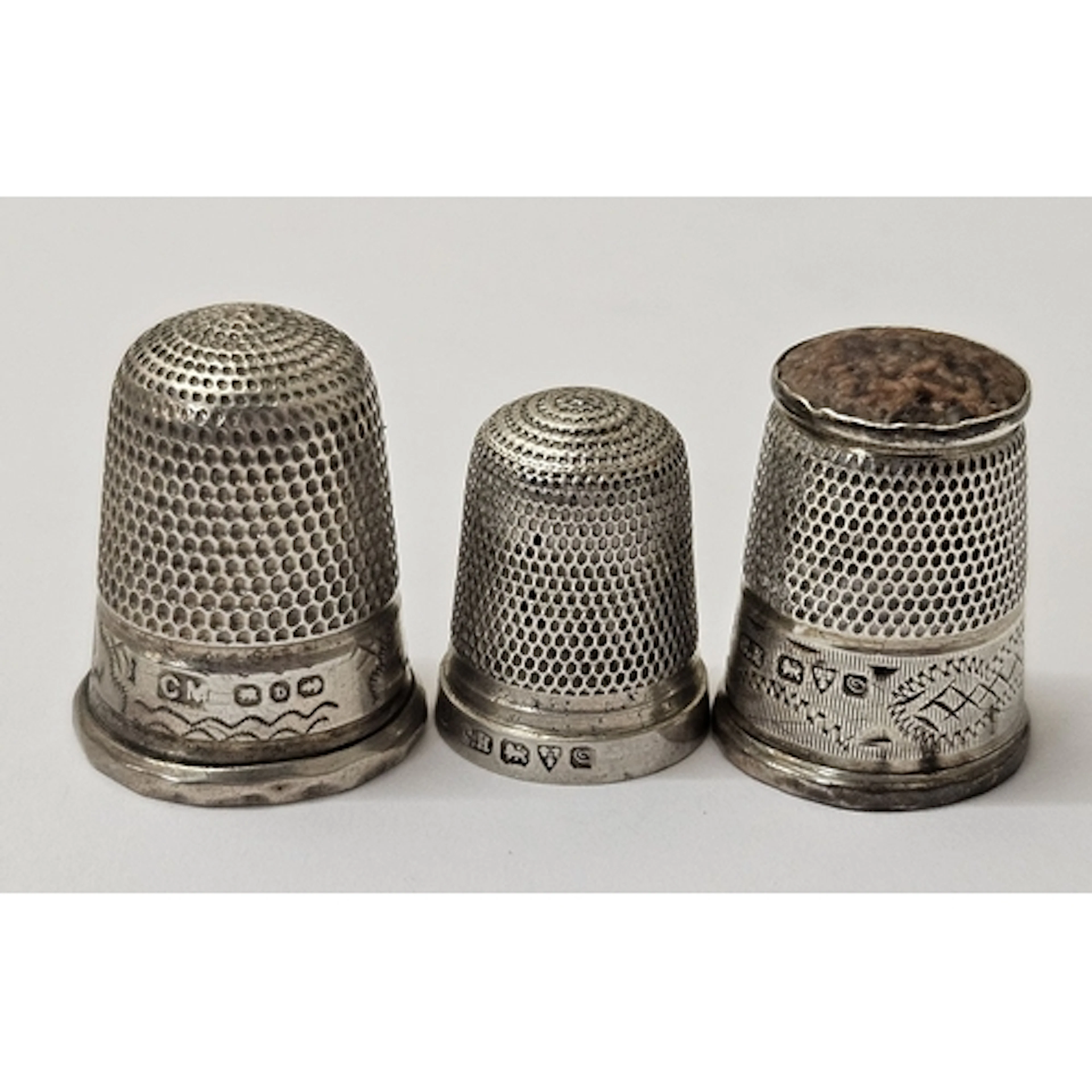 3 Charles Horner Silver Thimbles, 1 with glass top