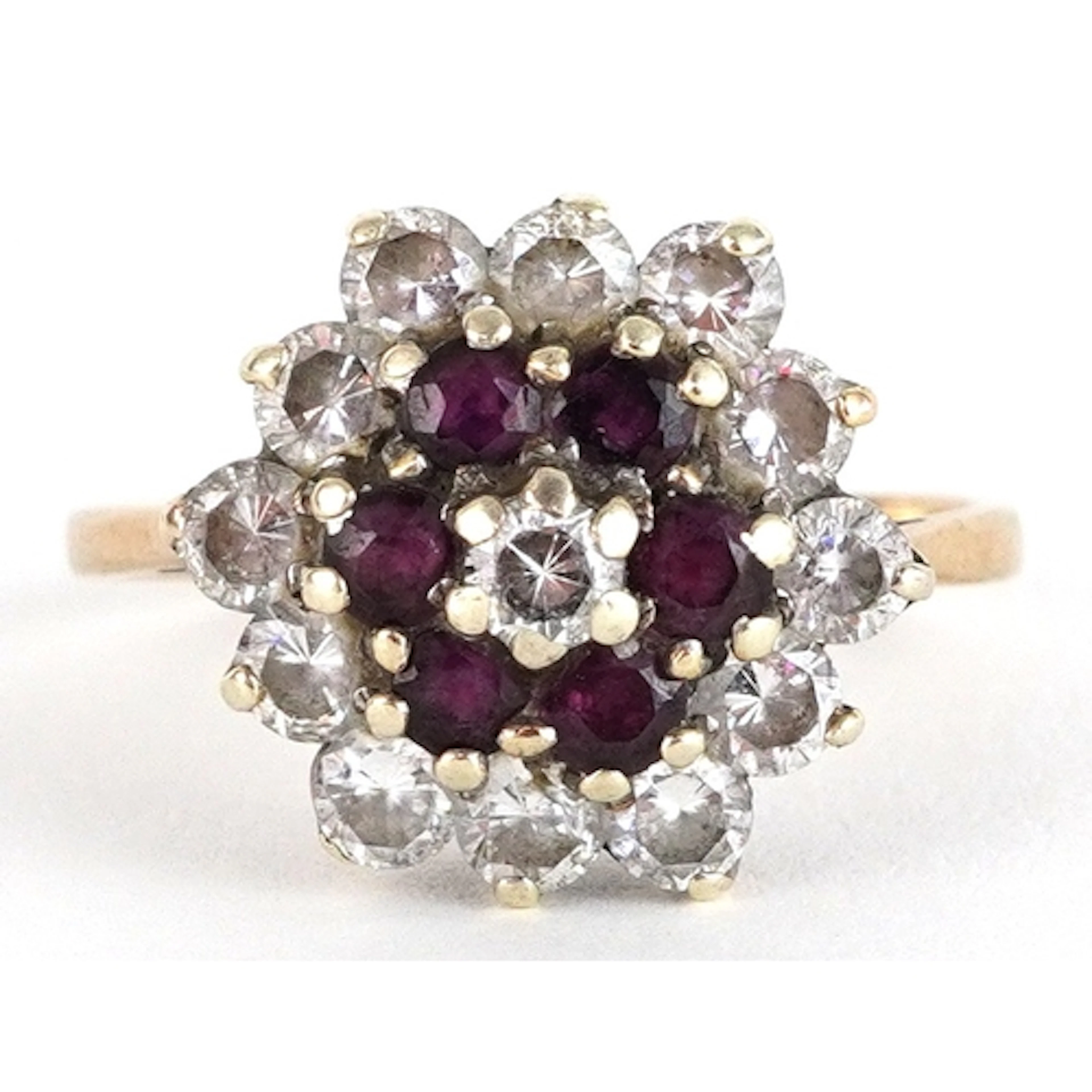 9ct gold garnet and clear stone three tier cluster ring, siz...