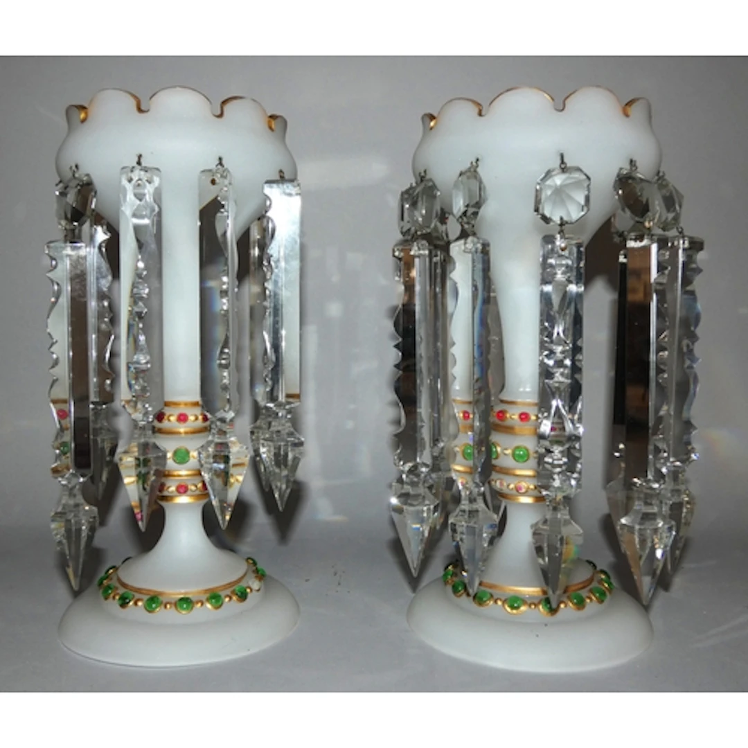 Pair of Bohemian style white opaline glass lustres, Accented...