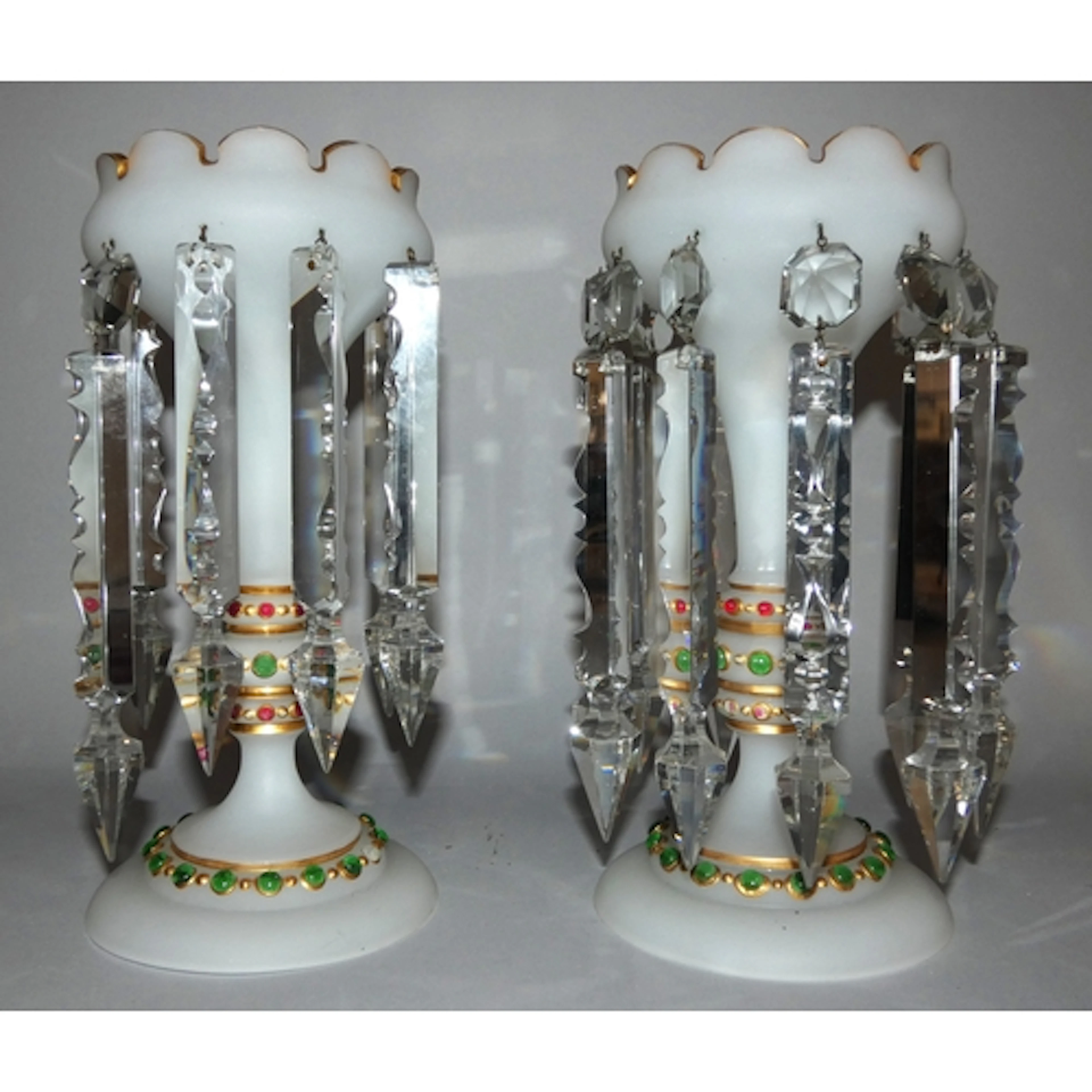 Pair of Bohemian style white opaline glass lustres, Accented...